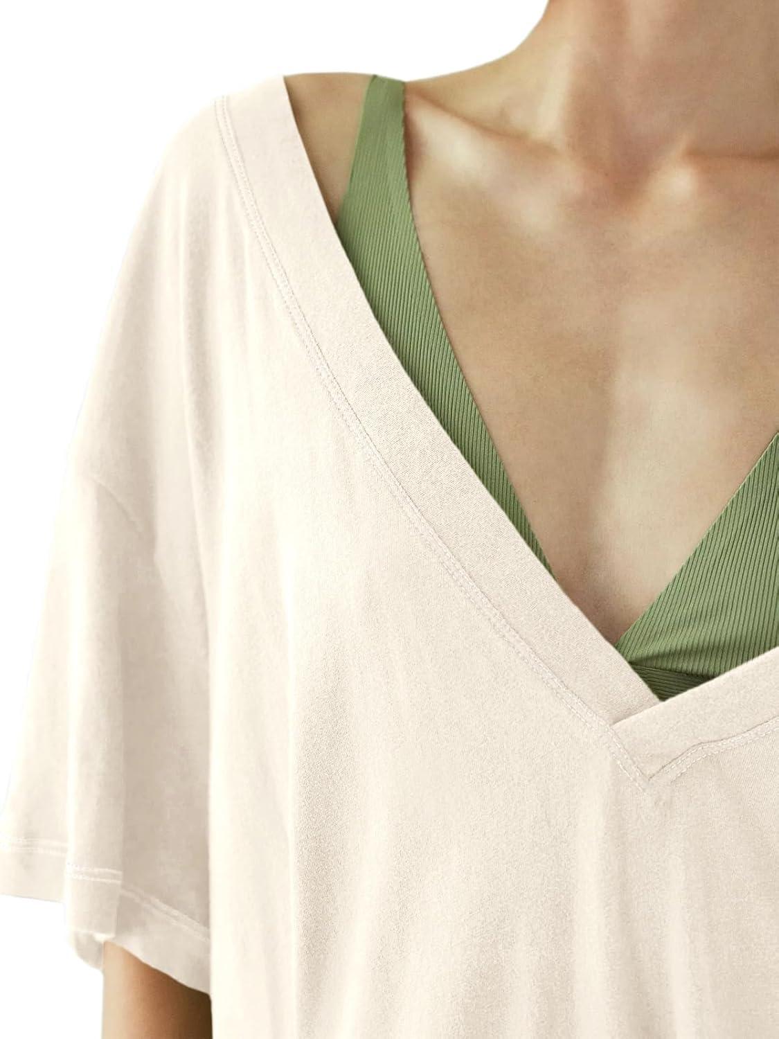 imageTankaneo Womens Oversized Tshirts Deep V Neck Short Sleeve Tops Summer Casual Loose Fit Side Slit Tunic ShirtsBeige