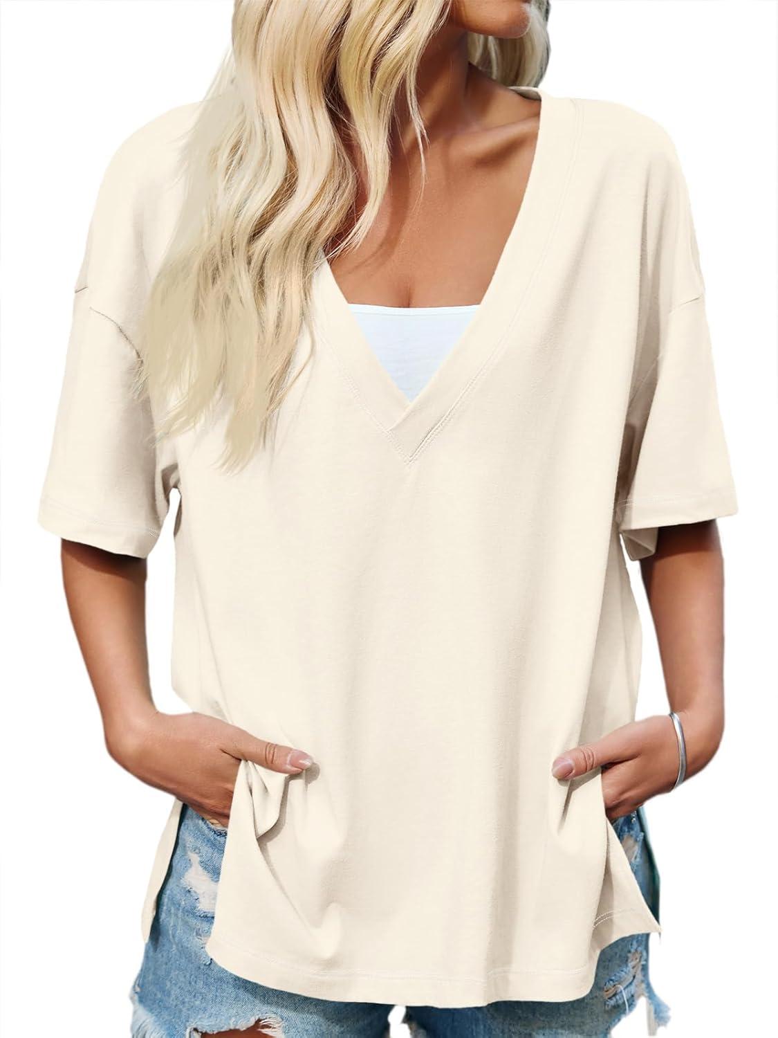 imageTankaneo Womens Oversized Tshirts Deep V Neck Short Sleeve Tops Summer Casual Loose Fit Side Slit Tunic ShirtsBeige