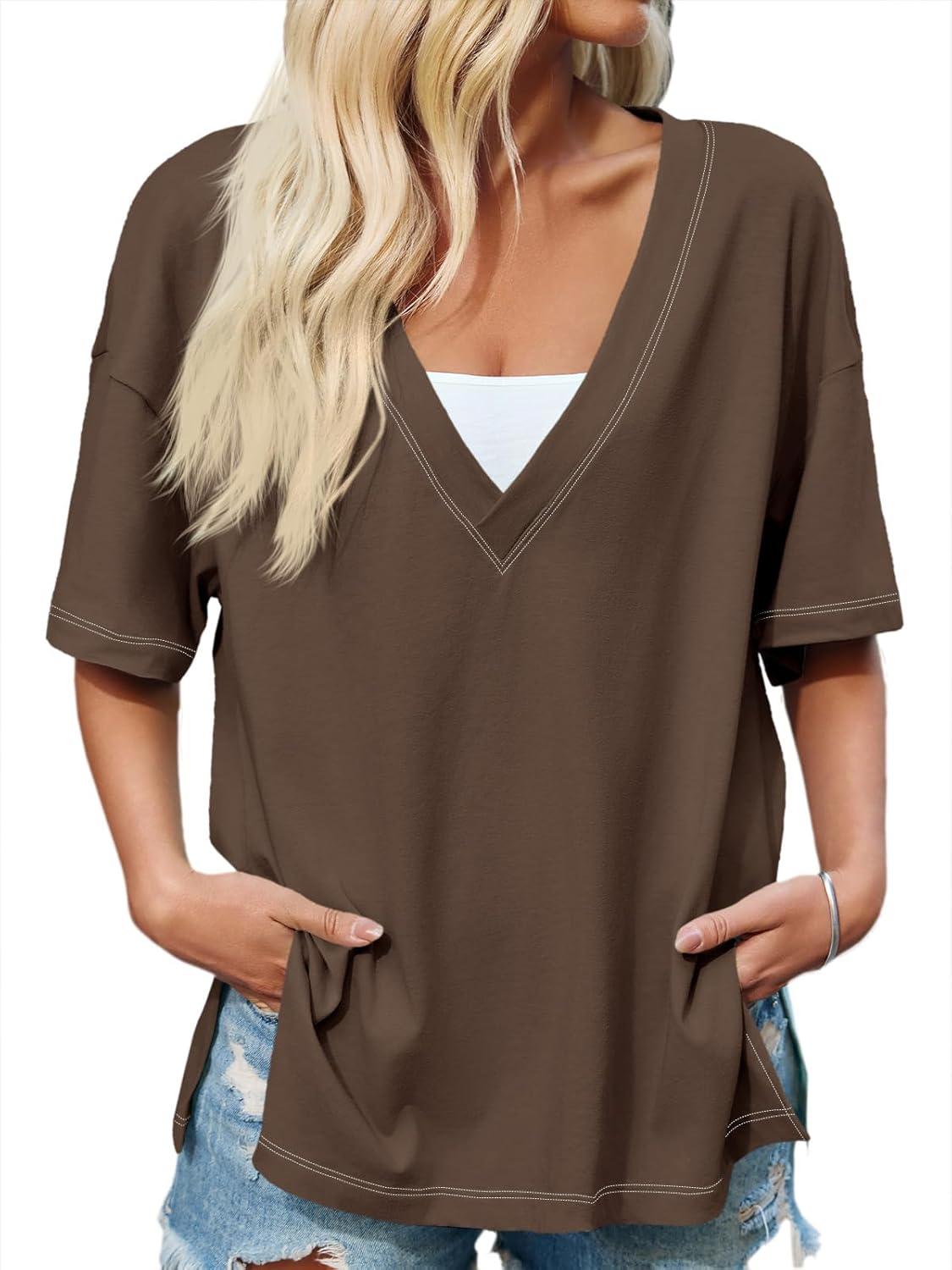 imageTankaneo Womens Oversized Tshirts Deep V Neck Short Sleeve Tops Summer Casual Loose Fit Side Slit Tunic ShirtsBrown