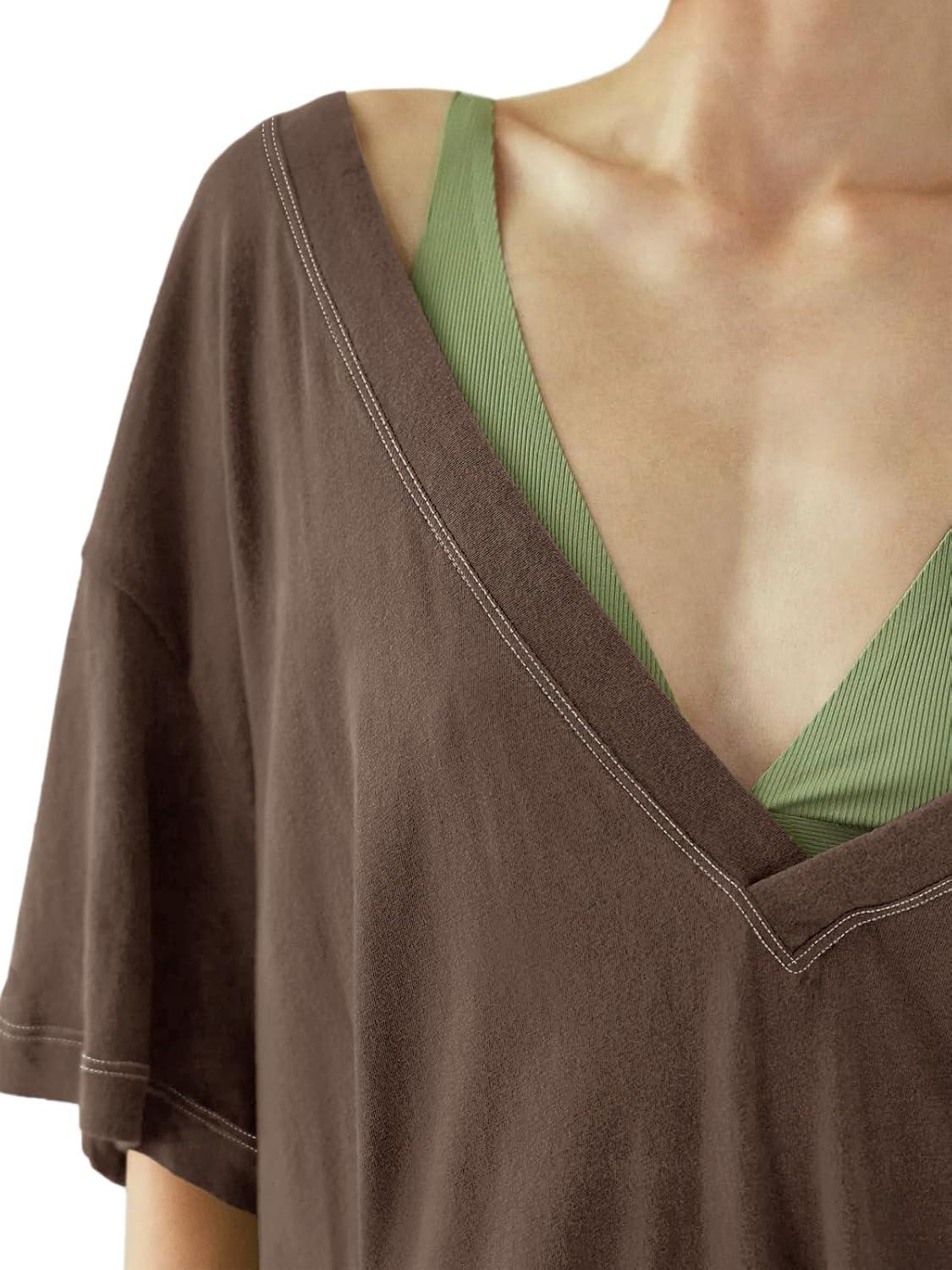 imageTankaneo Womens Oversized Tshirts Deep V Neck Short Sleeve Tops Summer Casual Loose Fit Side Slit Tunic ShirtsBrown