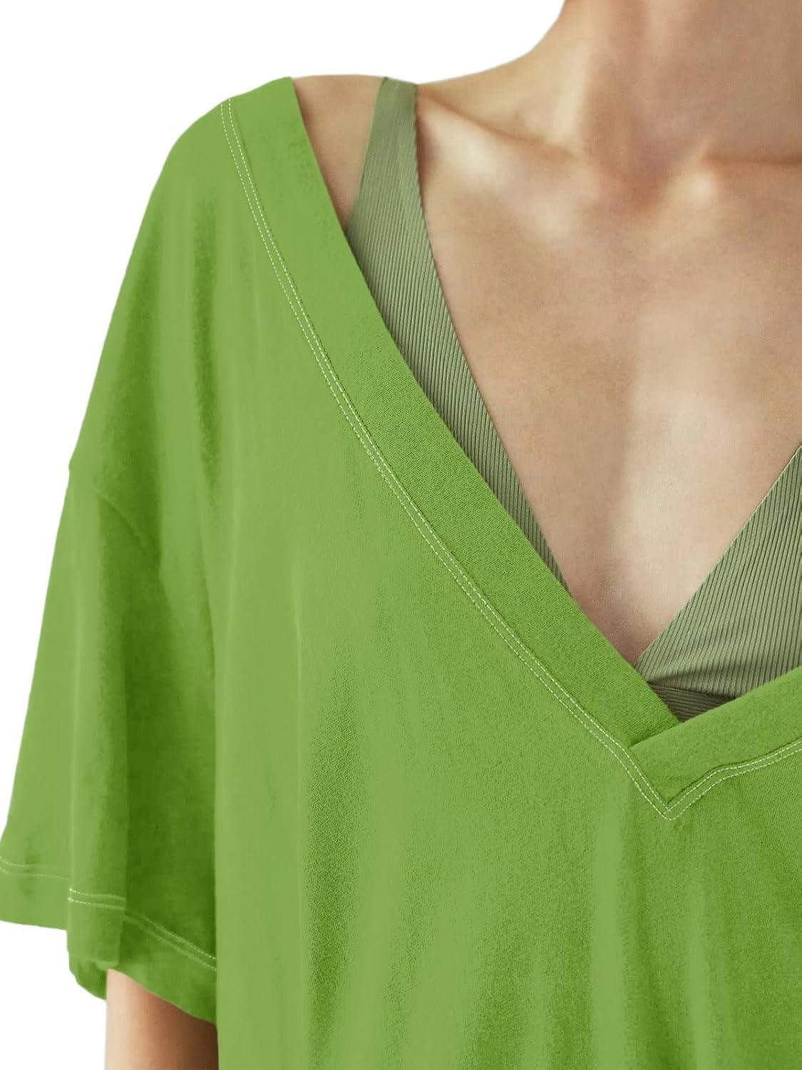 imageTankaneo Womens Oversized Tshirts Deep V Neck Short Sleeve Tops Summer Casual Loose Fit Side Slit Tunic ShirtsGreen