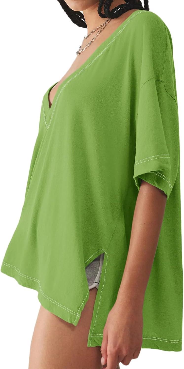 imageTankaneo Womens Oversized Tshirts Deep V Neck Short Sleeve Tops Summer Casual Loose Fit Side Slit Tunic ShirtsGreen