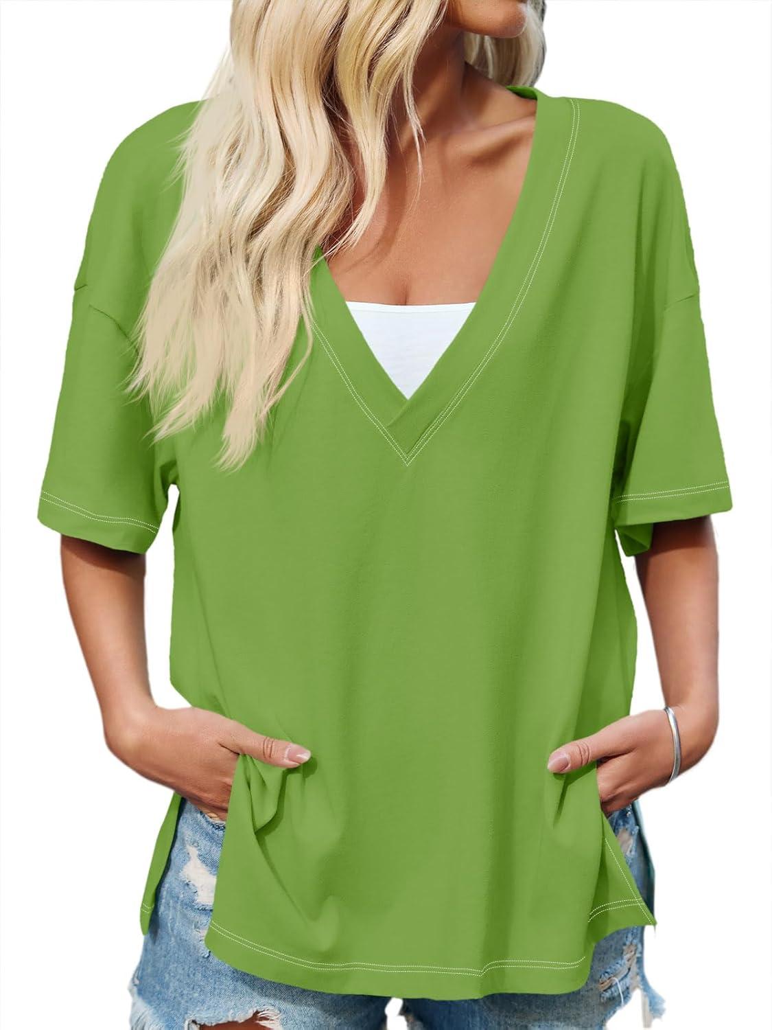 imageTankaneo Womens Oversized Tshirts Deep V Neck Short Sleeve Tops Summer Casual Loose Fit Side Slit Tunic ShirtsGreen