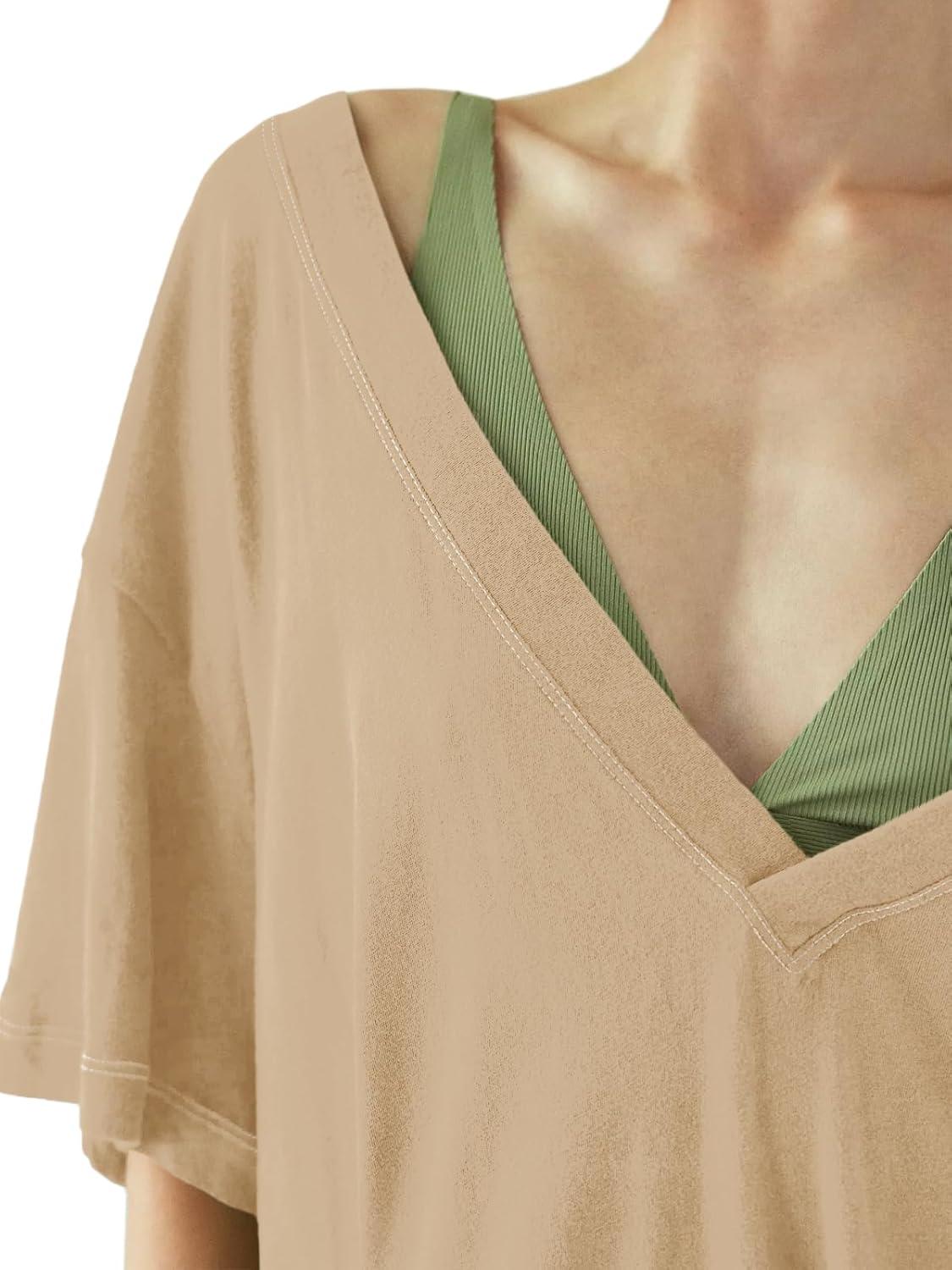 imageTankaneo Womens Oversized Tshirts Deep V Neck Short Sleeve Tops Summer Casual Loose Fit Side Slit Tunic ShirtsKhaki