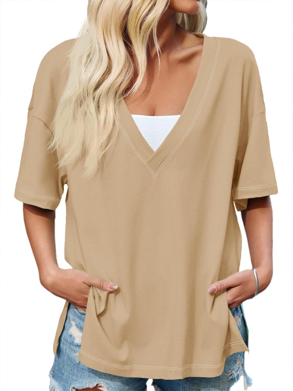 imageTankaneo Womens Oversized Tshirts Deep V Neck Short Sleeve Tops Summer Casual Loose Fit Side Slit Tunic ShirtsKhaki