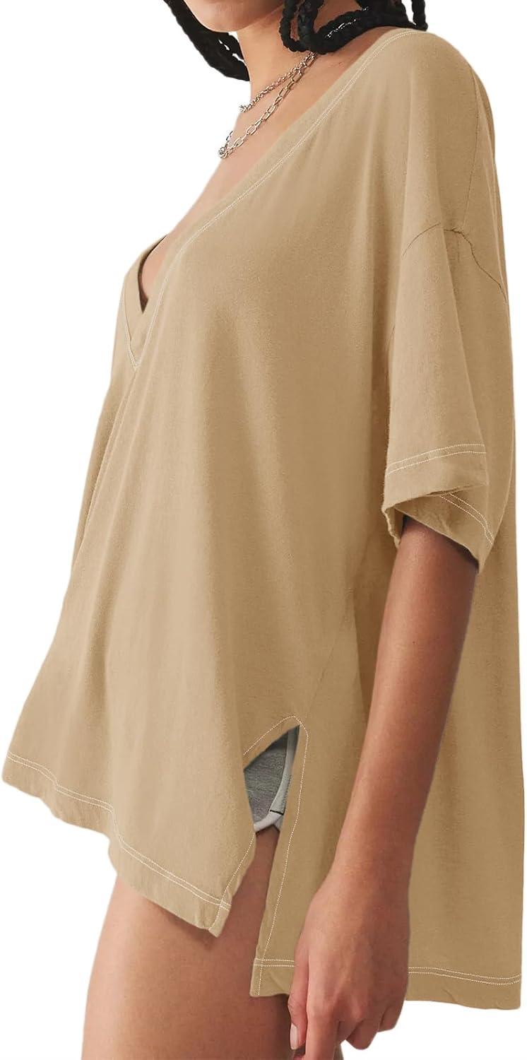imageTankaneo Womens Oversized Tshirts Deep V Neck Short Sleeve Tops Summer Casual Loose Fit Side Slit Tunic ShirtsKhaki