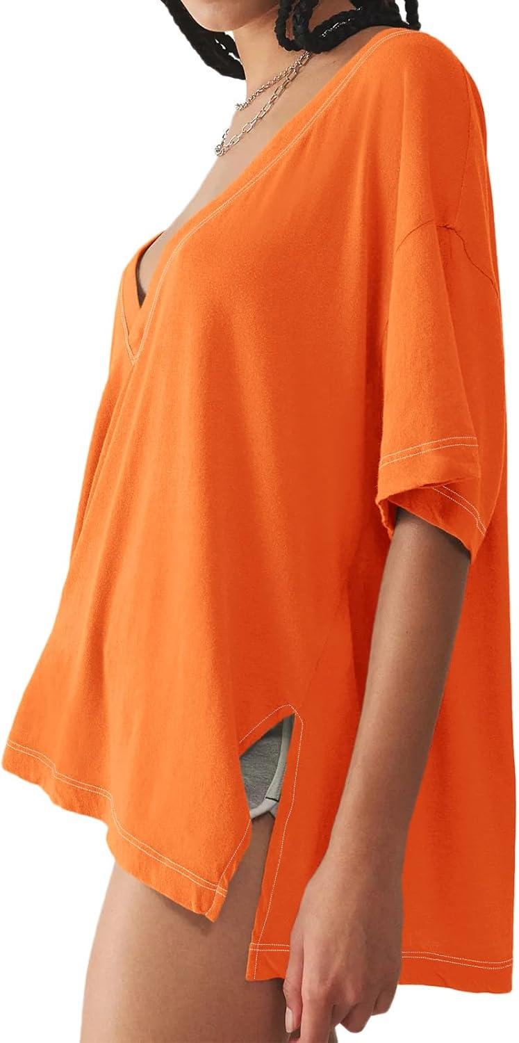 imageTankaneo Womens Oversized Tshirts Deep V Neck Short Sleeve Tops Summer Casual Loose Fit Side Slit Tunic ShirtsOrange