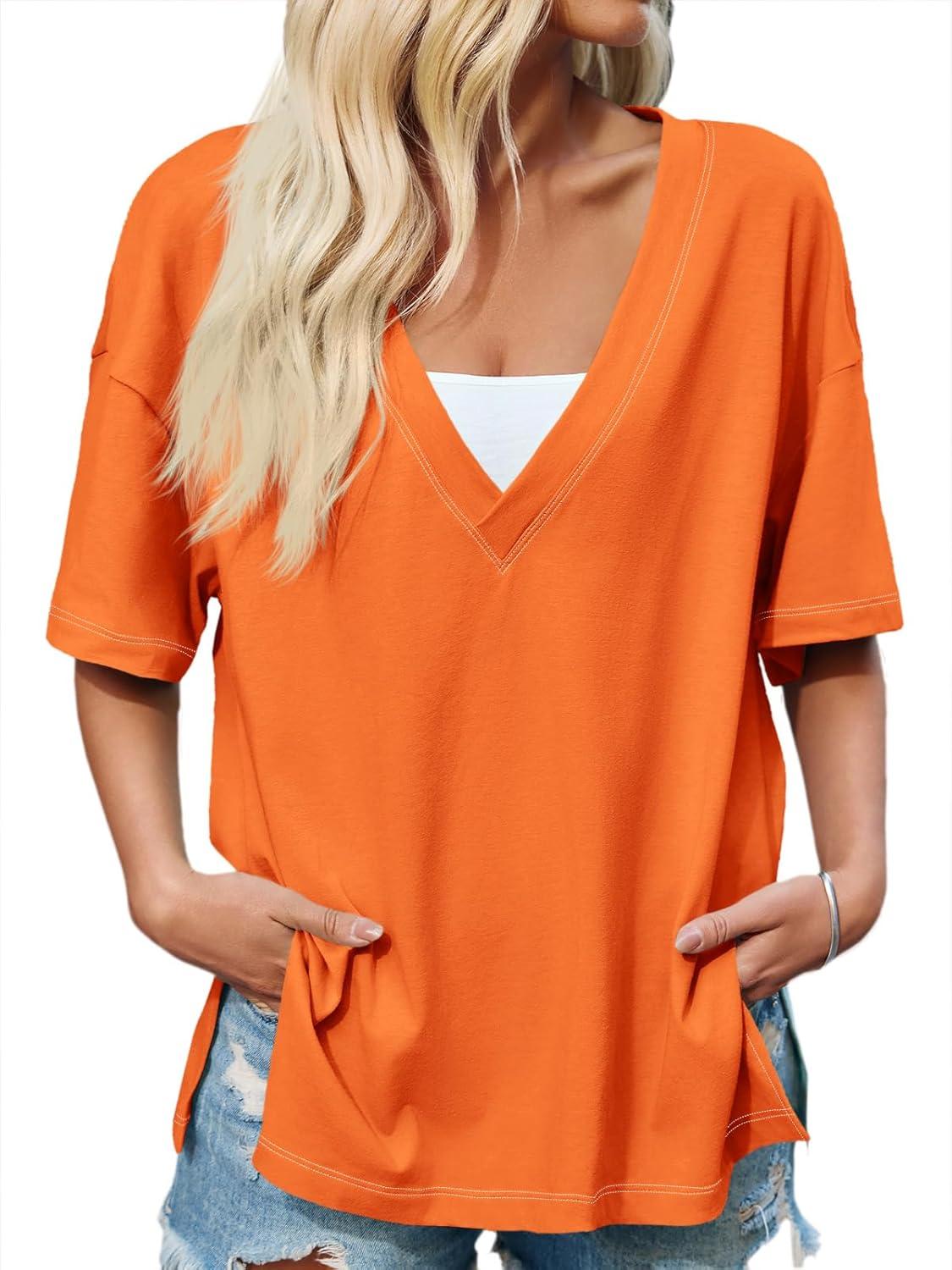 imageTankaneo Womens Oversized Tshirts Deep V Neck Short Sleeve Tops Summer Casual Loose Fit Side Slit Tunic ShirtsOrange