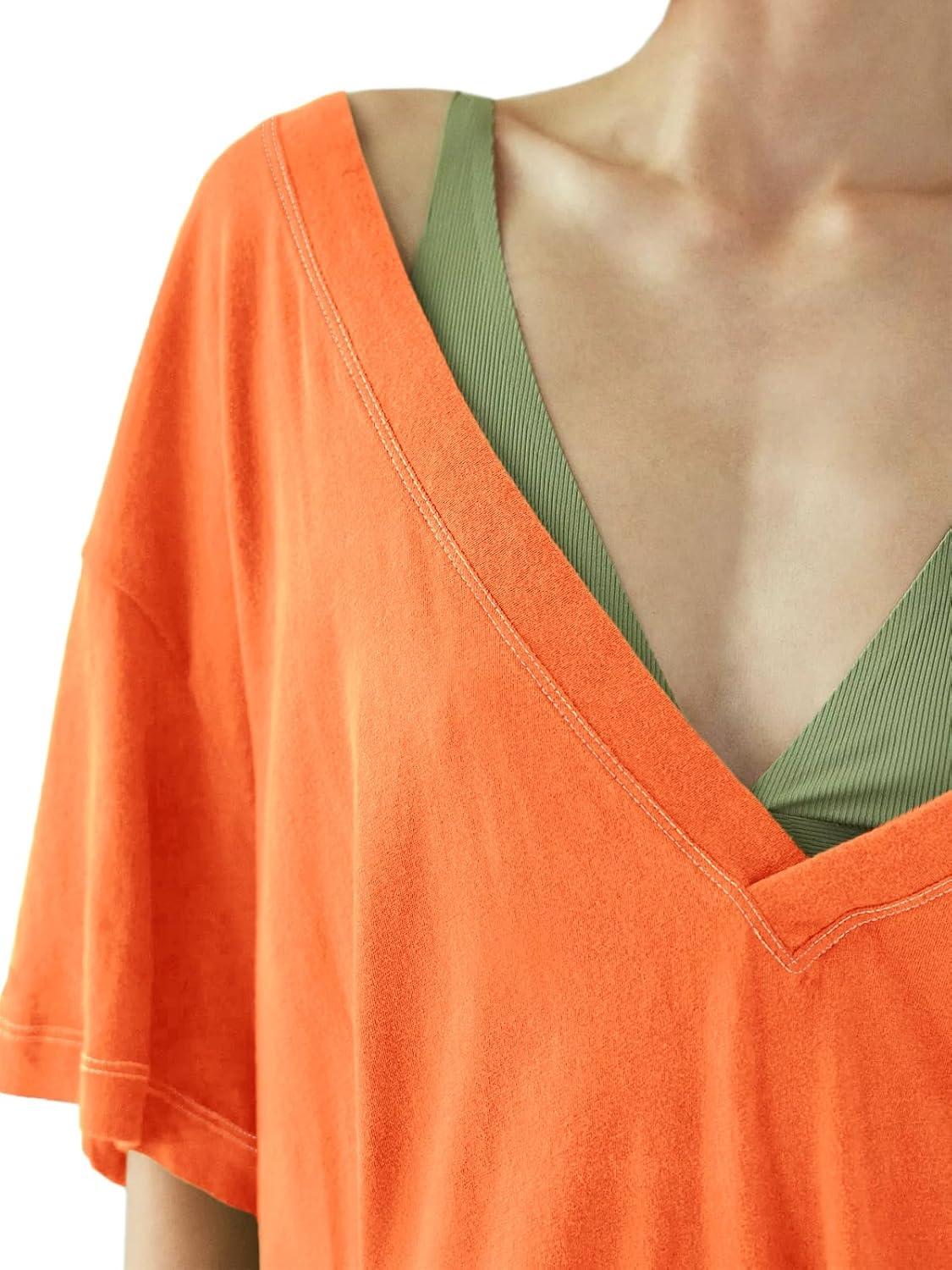 imageTankaneo Womens Oversized Tshirts Deep V Neck Short Sleeve Tops Summer Casual Loose Fit Side Slit Tunic ShirtsOrange