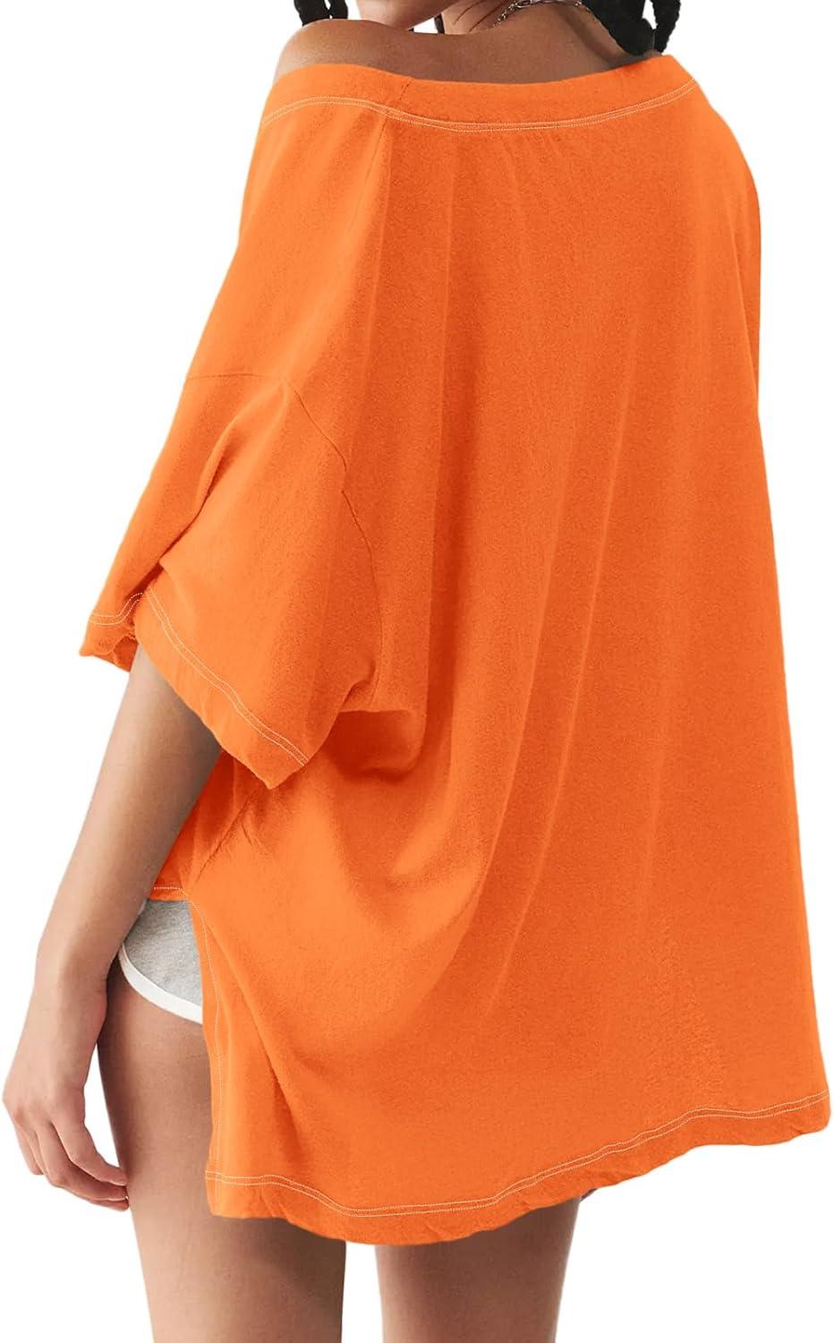 imageTankaneo Womens Oversized Tshirts Deep V Neck Short Sleeve Tops Summer Casual Loose Fit Side Slit Tunic ShirtsOrange