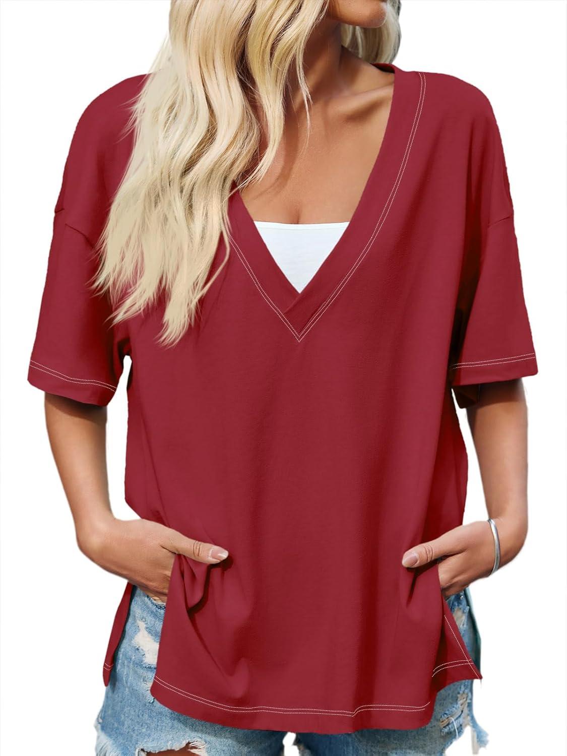 imageTankaneo Womens Oversized Tshirts Deep V Neck Short Sleeve Tops Summer Casual Loose Fit Side Slit Tunic ShirtsWine Red