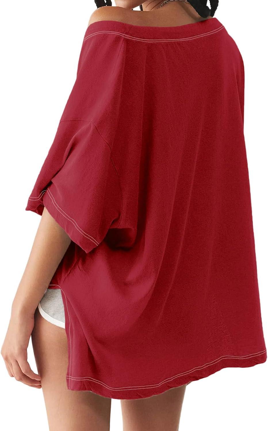imageTankaneo Womens Oversized Tshirts Deep V Neck Short Sleeve Tops Summer Casual Loose Fit Side Slit Tunic ShirtsWine Red