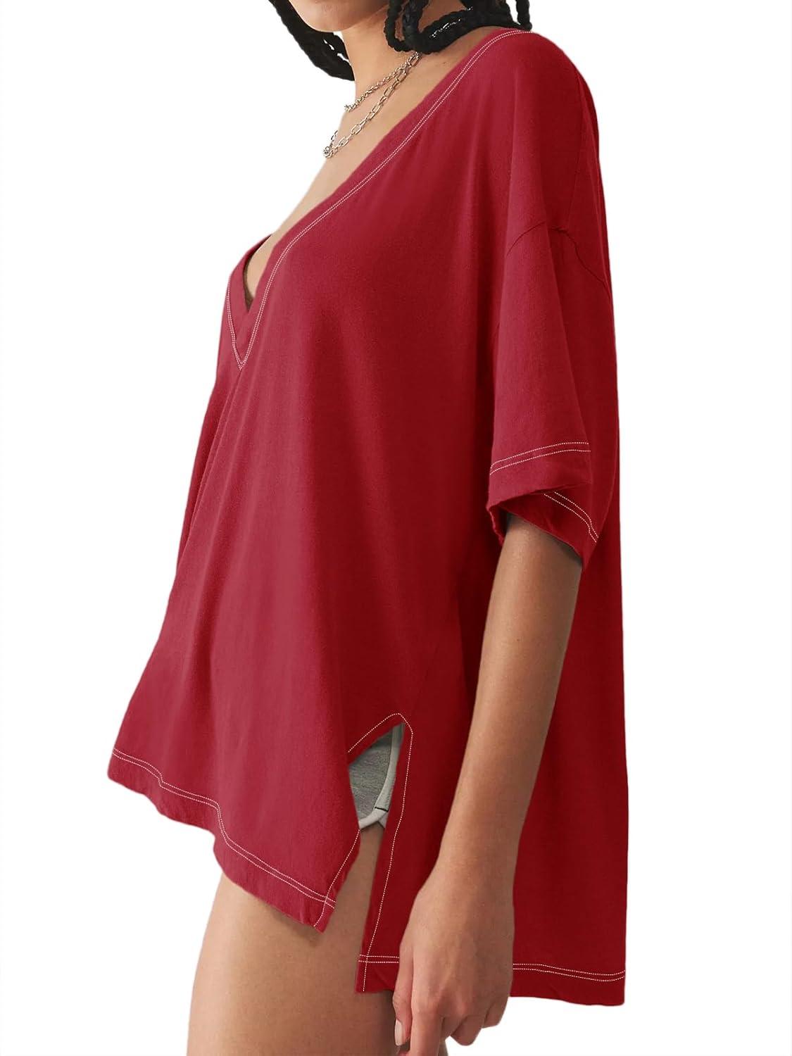 imageTankaneo Womens Oversized Tshirts Deep V Neck Short Sleeve Tops Summer Casual Loose Fit Side Slit Tunic ShirtsWine Red