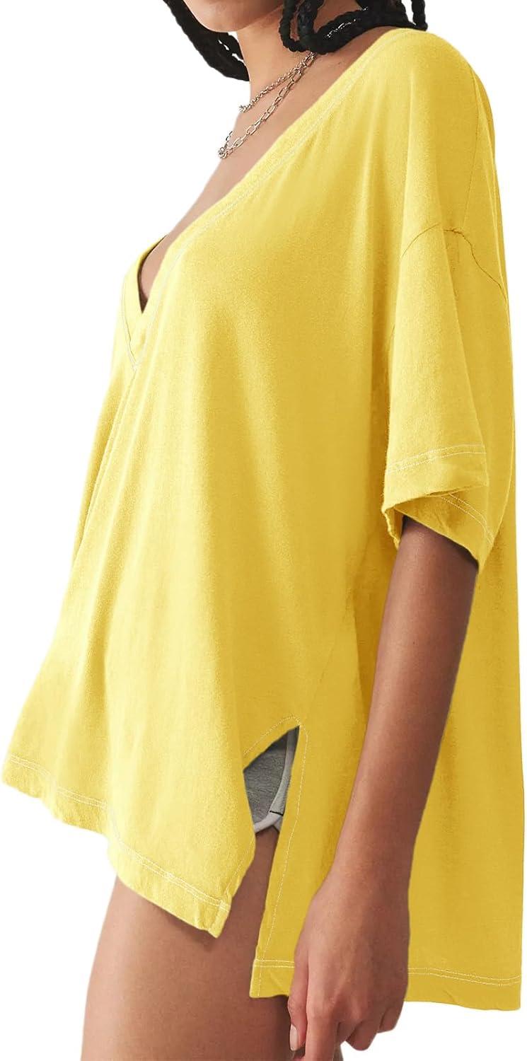 imageTankaneo Womens Oversized Tshirts Deep V Neck Short Sleeve Tops Summer Casual Loose Fit Side Slit Tunic ShirtsYellow