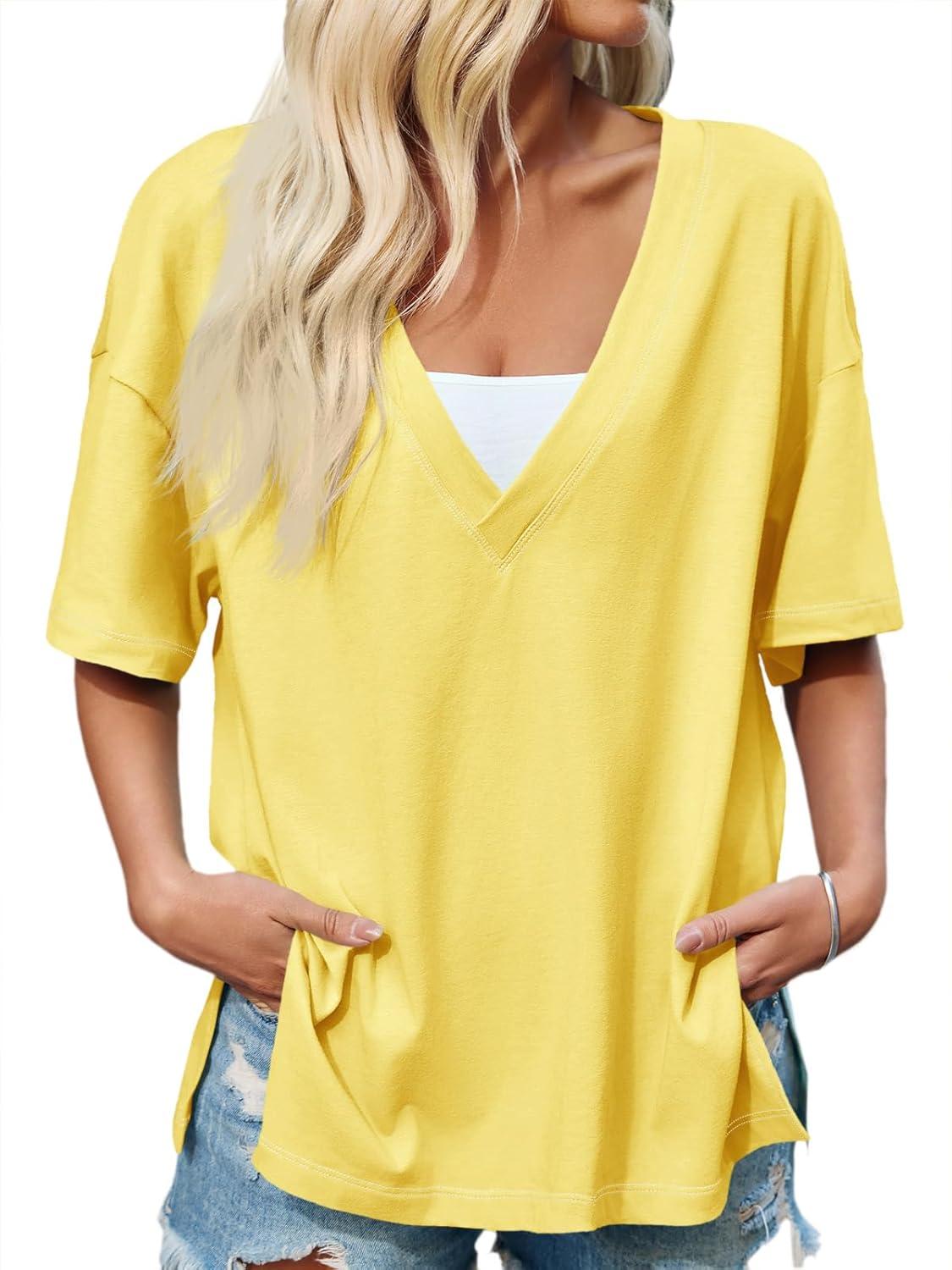 imageTankaneo Womens Oversized Tshirts Deep V Neck Short Sleeve Tops Summer Casual Loose Fit Side Slit Tunic ShirtsYellow