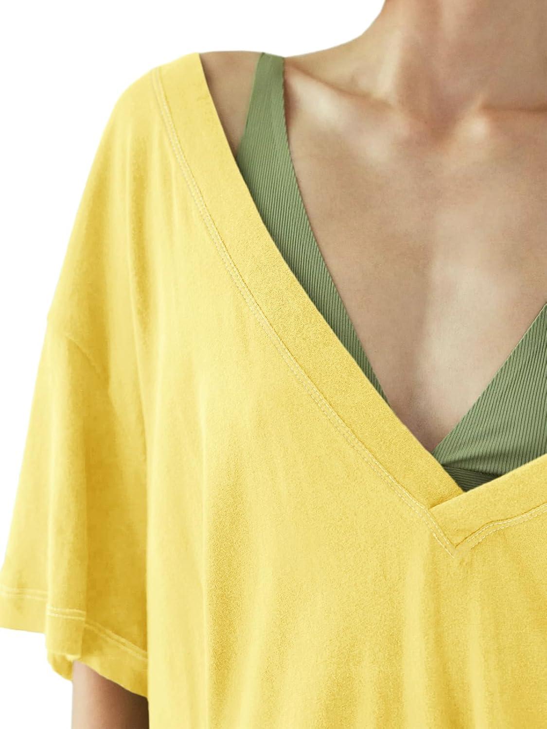 imageTankaneo Womens Oversized Tshirts Deep V Neck Short Sleeve Tops Summer Casual Loose Fit Side Slit Tunic ShirtsYellow
