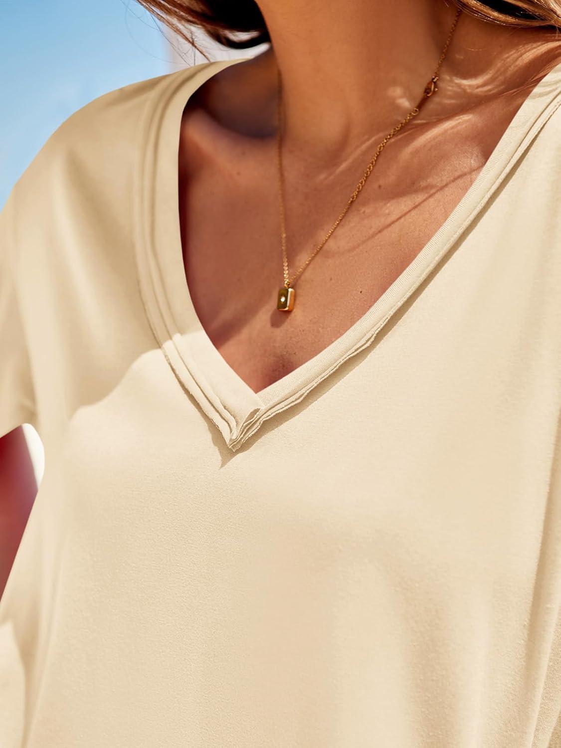 imageTankaneo Womens Oversized Tshirts Deep V Neck Short Sleeve Tops Summer Casual Loose Fit Tunic Tee ShirtApricot