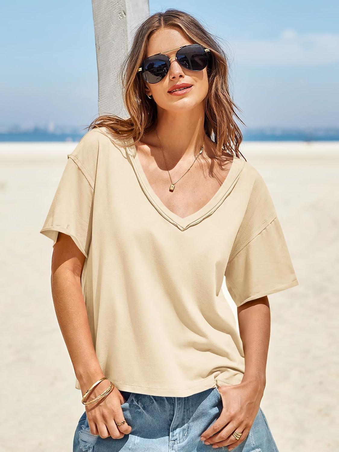 imageTankaneo Womens Oversized Tshirts Deep V Neck Short Sleeve Tops Summer Casual Loose Fit Tunic Tee ShirtApricot