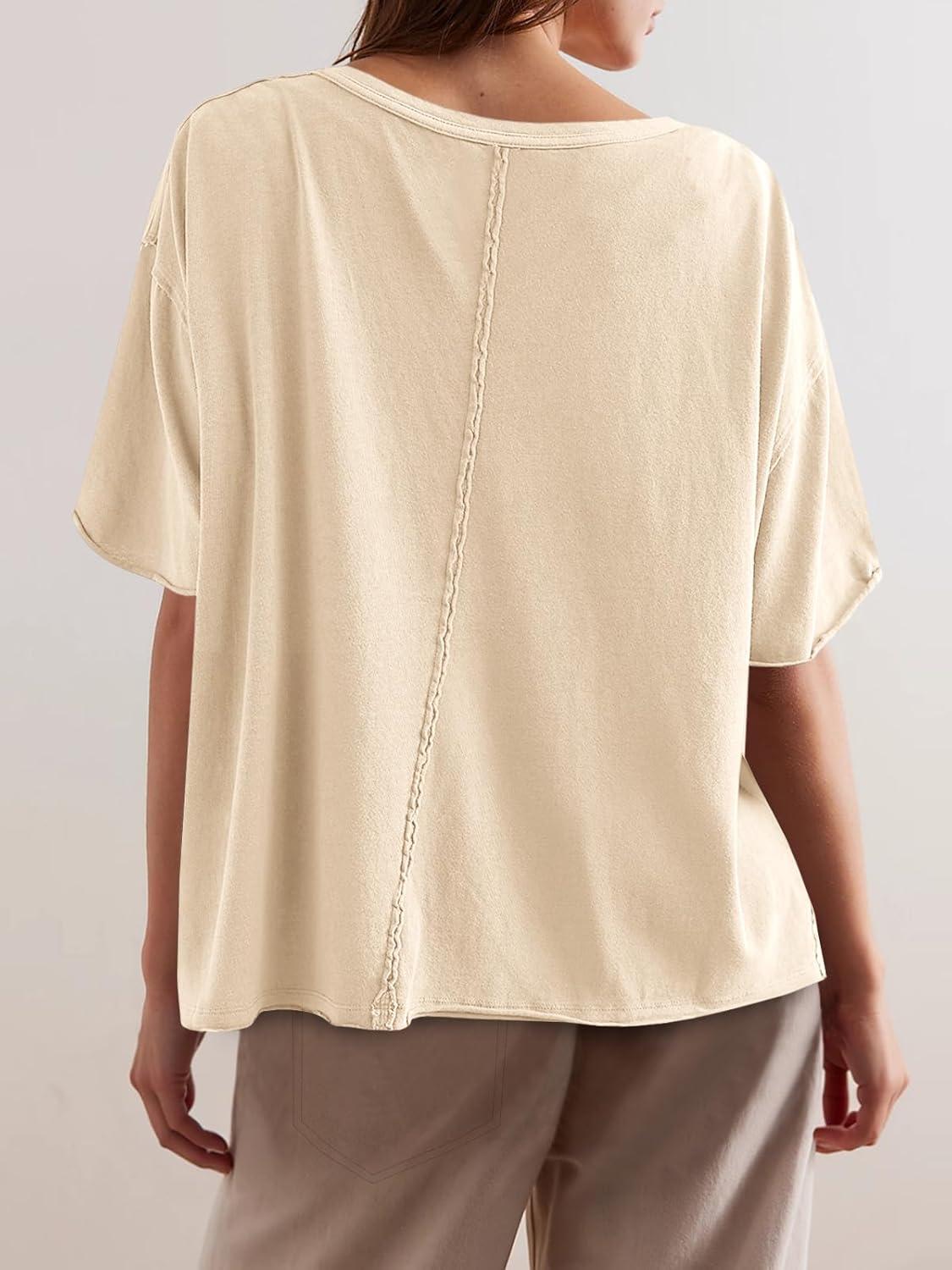 imageTankaneo Womens Oversized Tshirts Deep V Neck Short Sleeve Tops Summer Casual Loose Fit Tunic Tee ShirtApricot