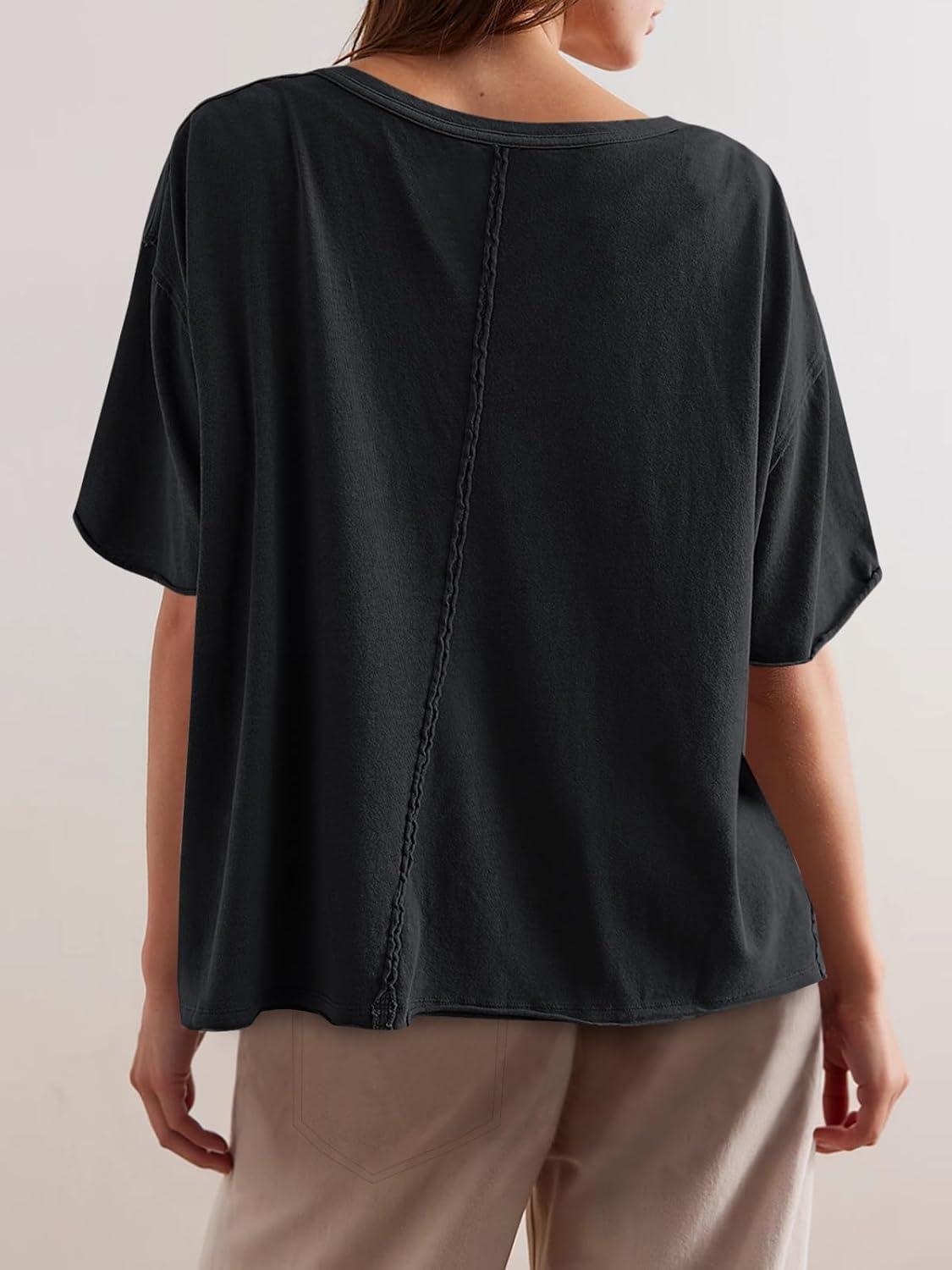 imageTankaneo Womens Oversized Tshirts Deep V Neck Short Sleeve Tops Summer Casual Loose Fit Tunic Tee ShirtBlack