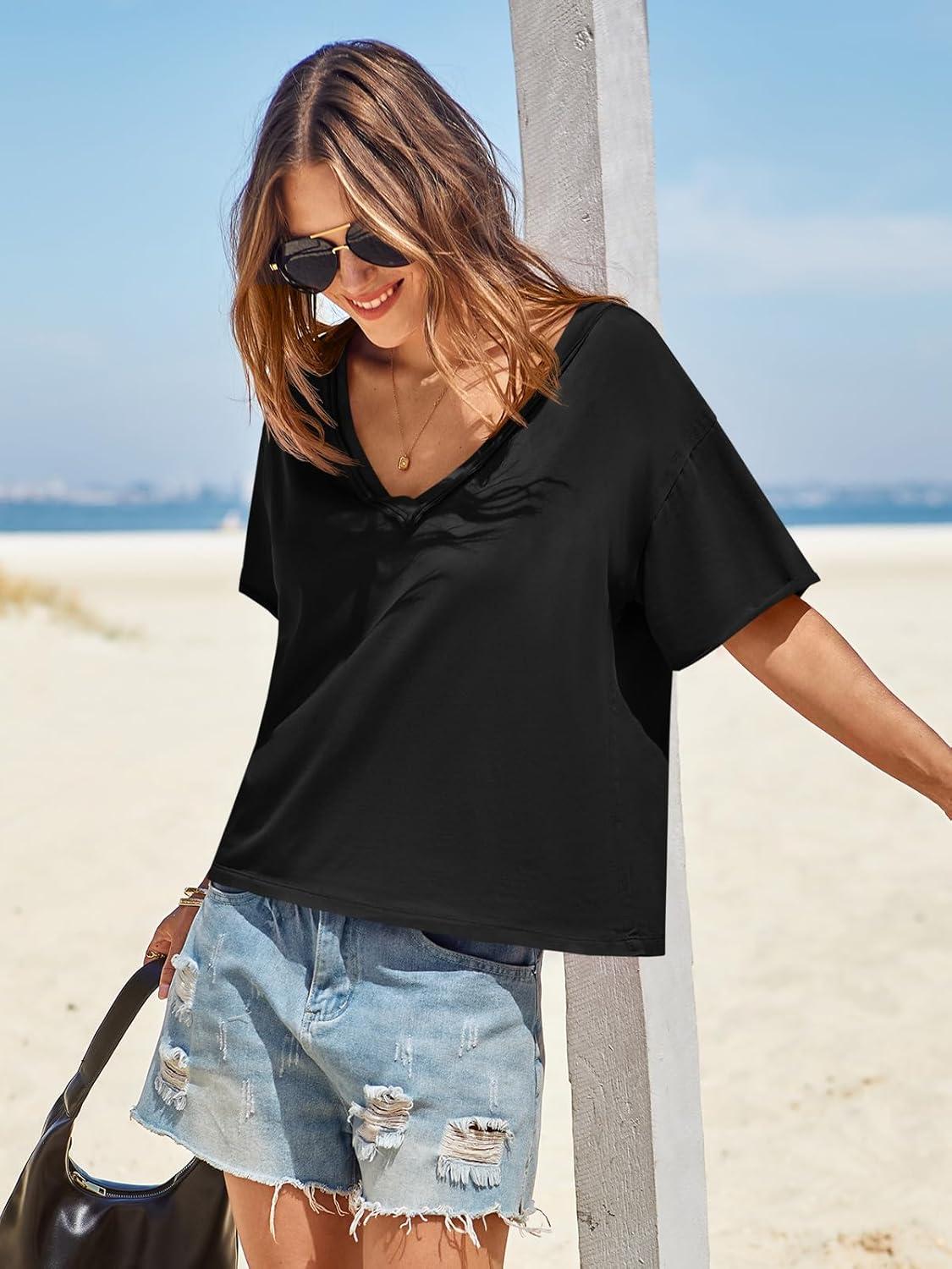 imageTankaneo Womens Oversized Tshirts Deep V Neck Short Sleeve Tops Summer Casual Loose Fit Tunic Tee ShirtBlack