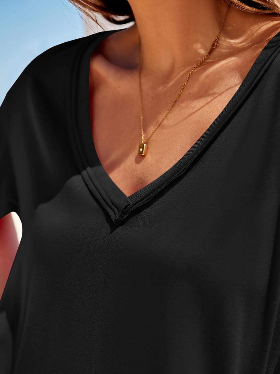 imageTankaneo Womens Oversized Tshirts Deep V Neck Short Sleeve Tops Summer Casual Loose Fit Tunic Tee ShirtBlack