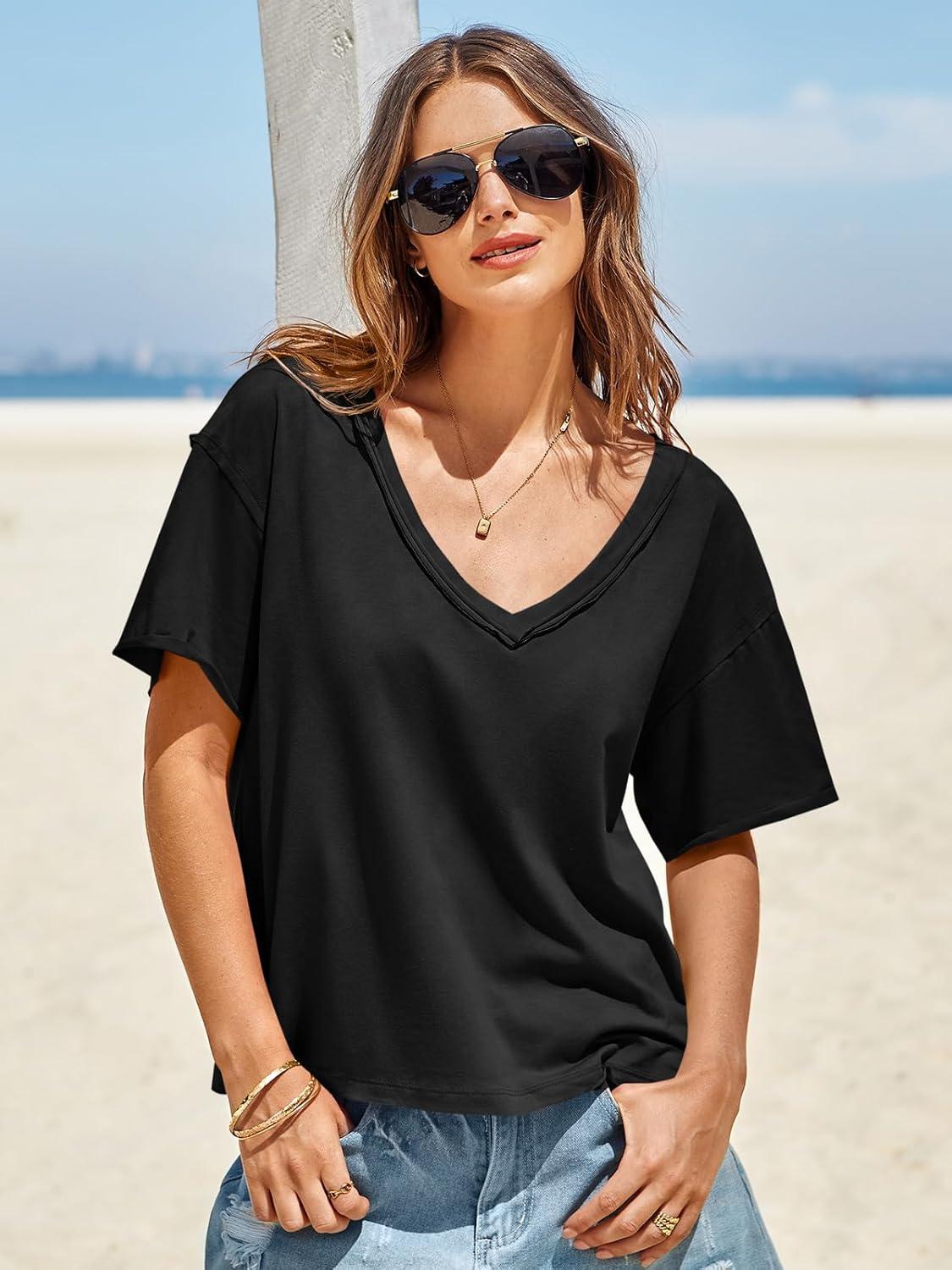 imageTankaneo Womens Oversized Tshirts Deep V Neck Short Sleeve Tops Summer Casual Loose Fit Tunic Tee ShirtBlack