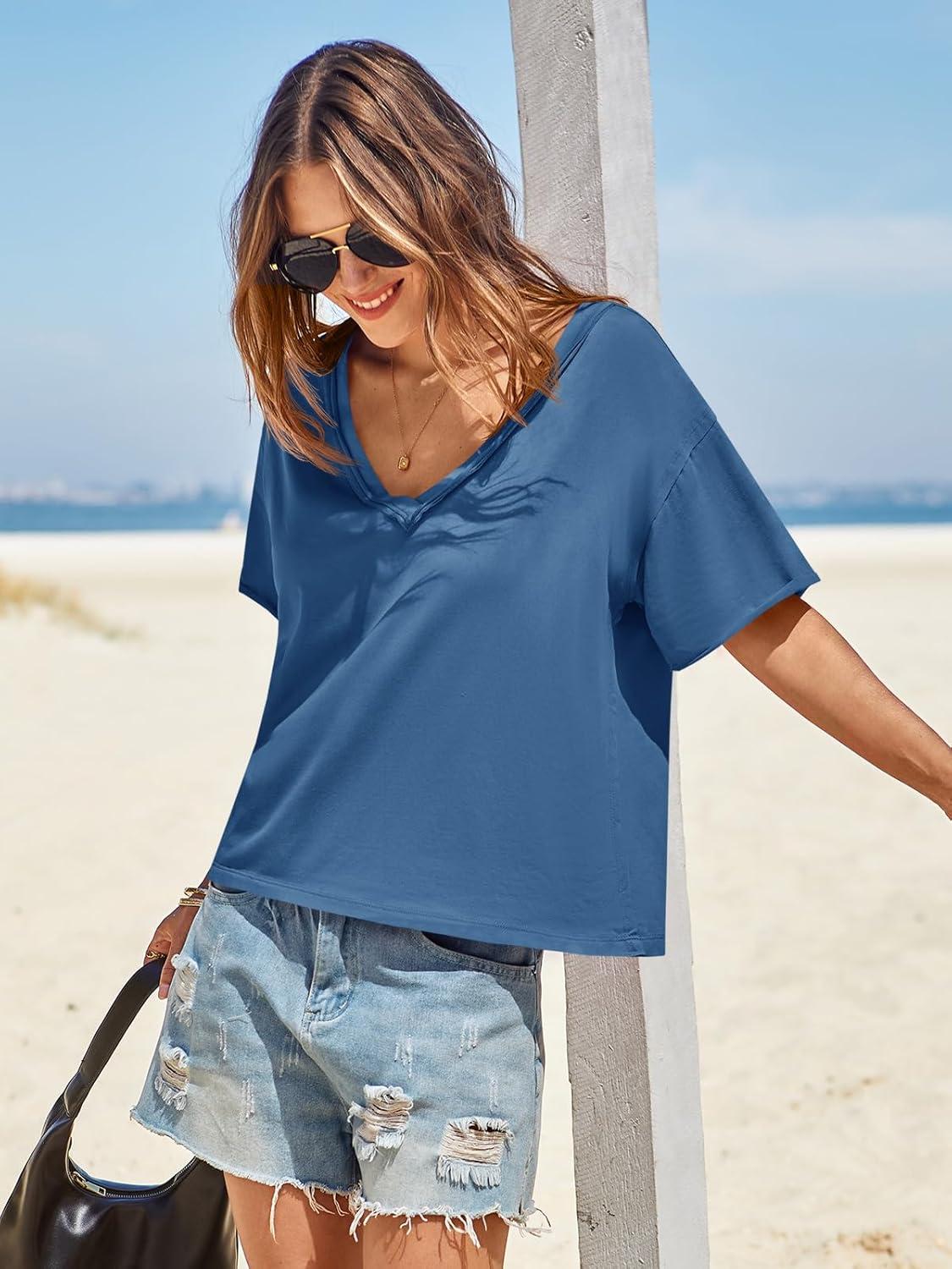 imageTankaneo Womens Oversized Tshirts Deep V Neck Short Sleeve Tops Summer Casual Loose Fit Tunic Tee ShirtBlue