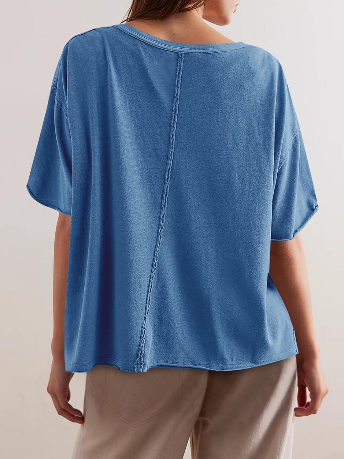 imageTankaneo Womens Oversized Tshirts Deep V Neck Short Sleeve Tops Summer Casual Loose Fit Tunic Tee ShirtBlue