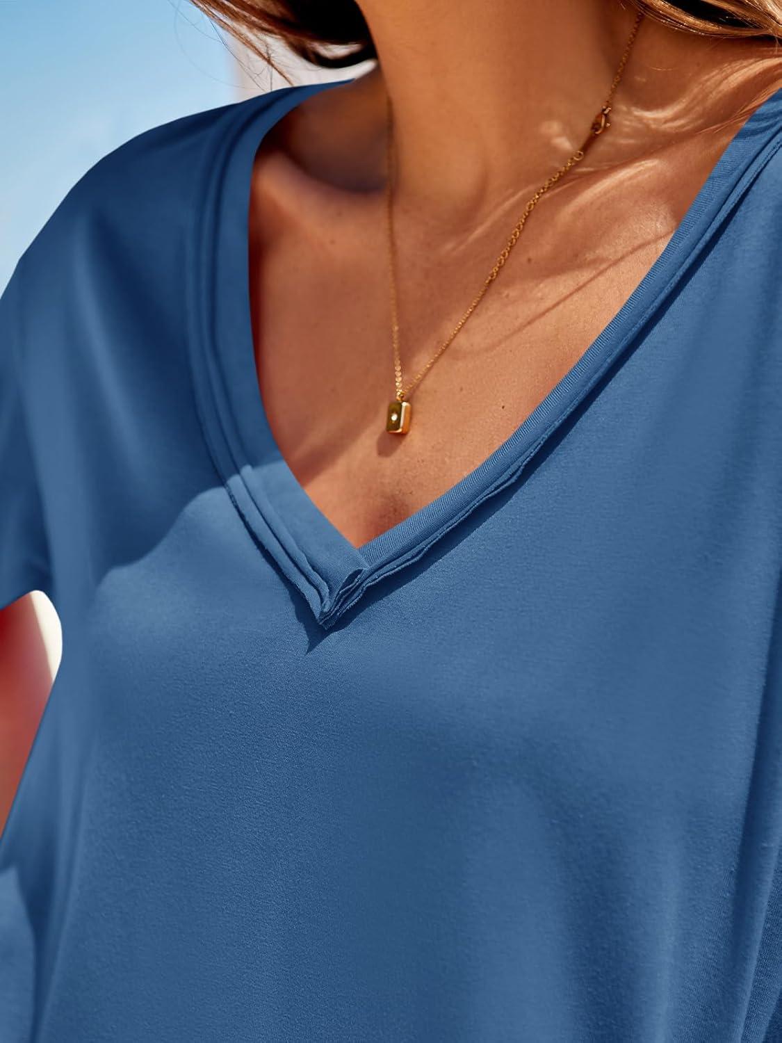 imageTankaneo Womens Oversized Tshirts Deep V Neck Short Sleeve Tops Summer Casual Loose Fit Tunic Tee ShirtBlue