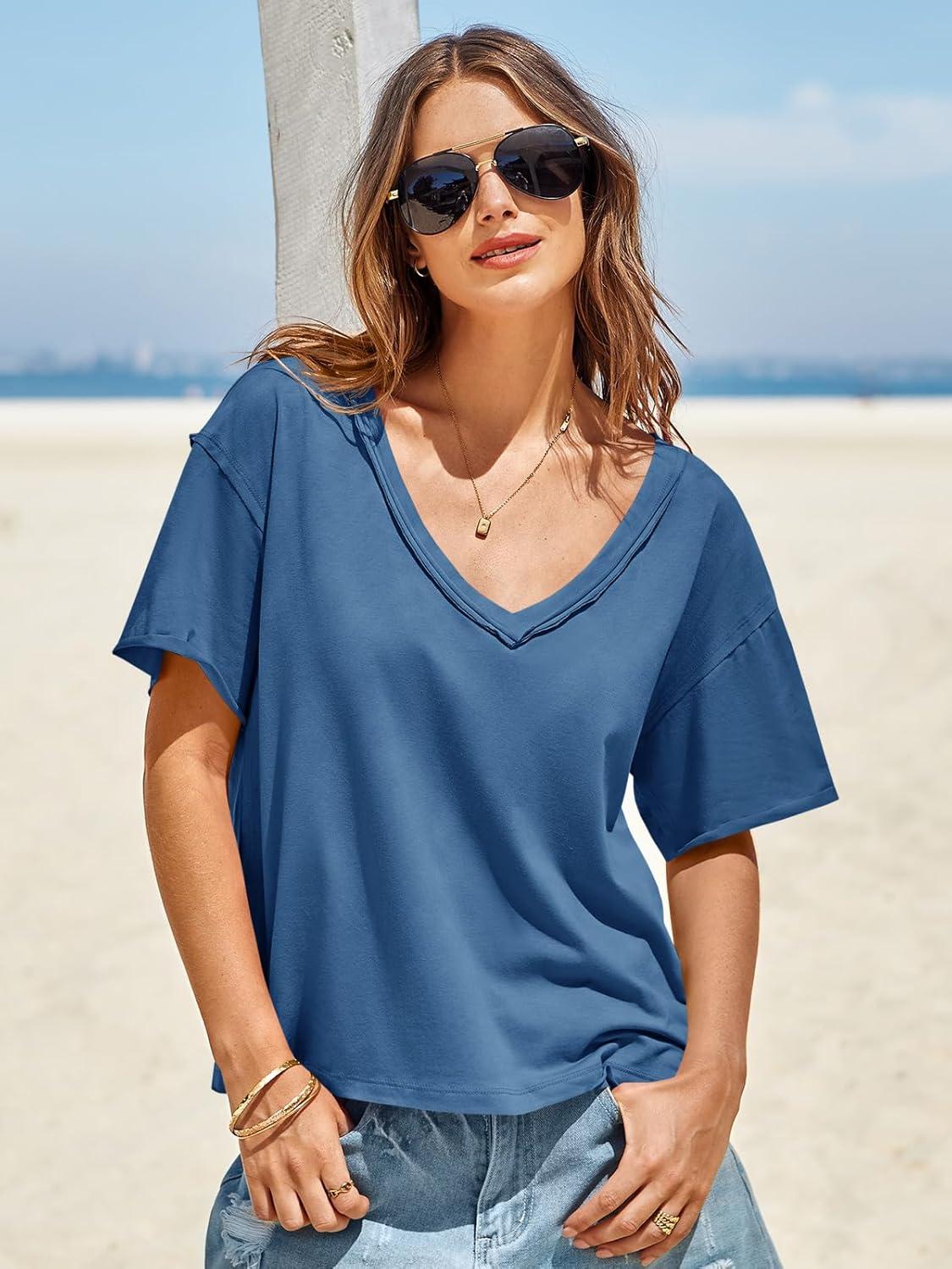 imageTankaneo Womens Oversized Tshirts Deep V Neck Short Sleeve Tops Summer Casual Loose Fit Tunic Tee ShirtBlue
