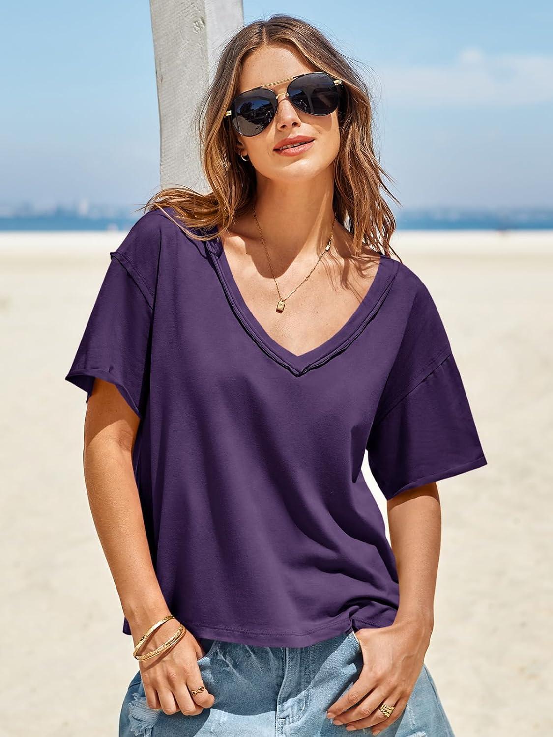 imageTankaneo Womens Oversized Tshirts Deep V Neck Short Sleeve Tops Summer Casual Loose Fit Tunic Tee ShirtDark Purple