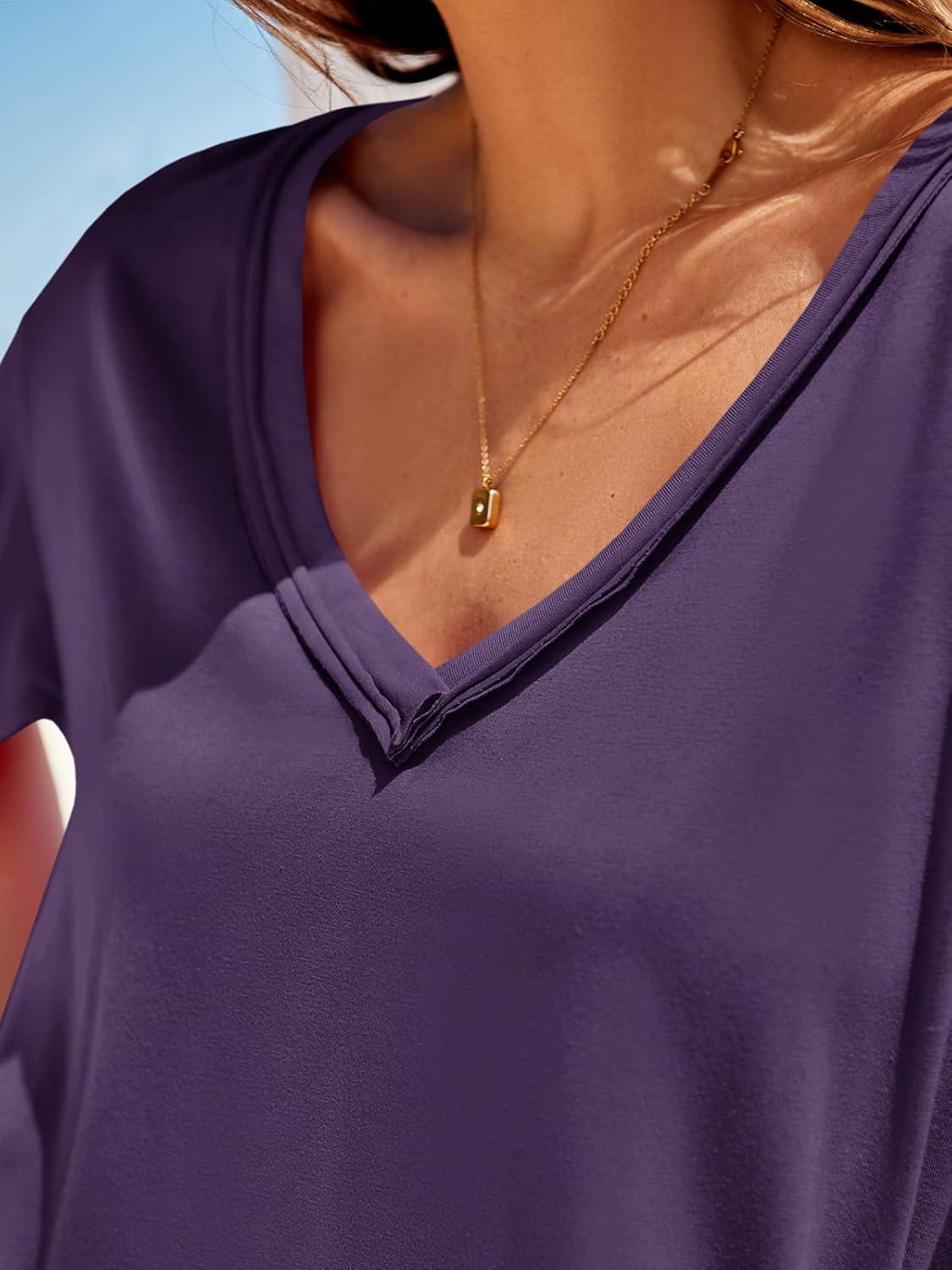 imageTankaneo Womens Oversized Tshirts Deep V Neck Short Sleeve Tops Summer Casual Loose Fit Tunic Tee ShirtDark Purple