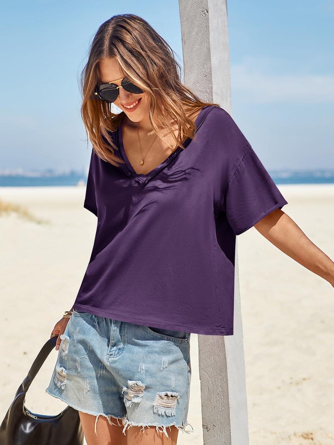 imageTankaneo Womens Oversized Tshirts Deep V Neck Short Sleeve Tops Summer Casual Loose Fit Tunic Tee ShirtDark Purple