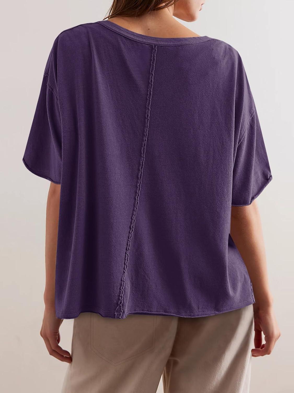 imageTankaneo Womens Oversized Tshirts Deep V Neck Short Sleeve Tops Summer Casual Loose Fit Tunic Tee ShirtDark Purple