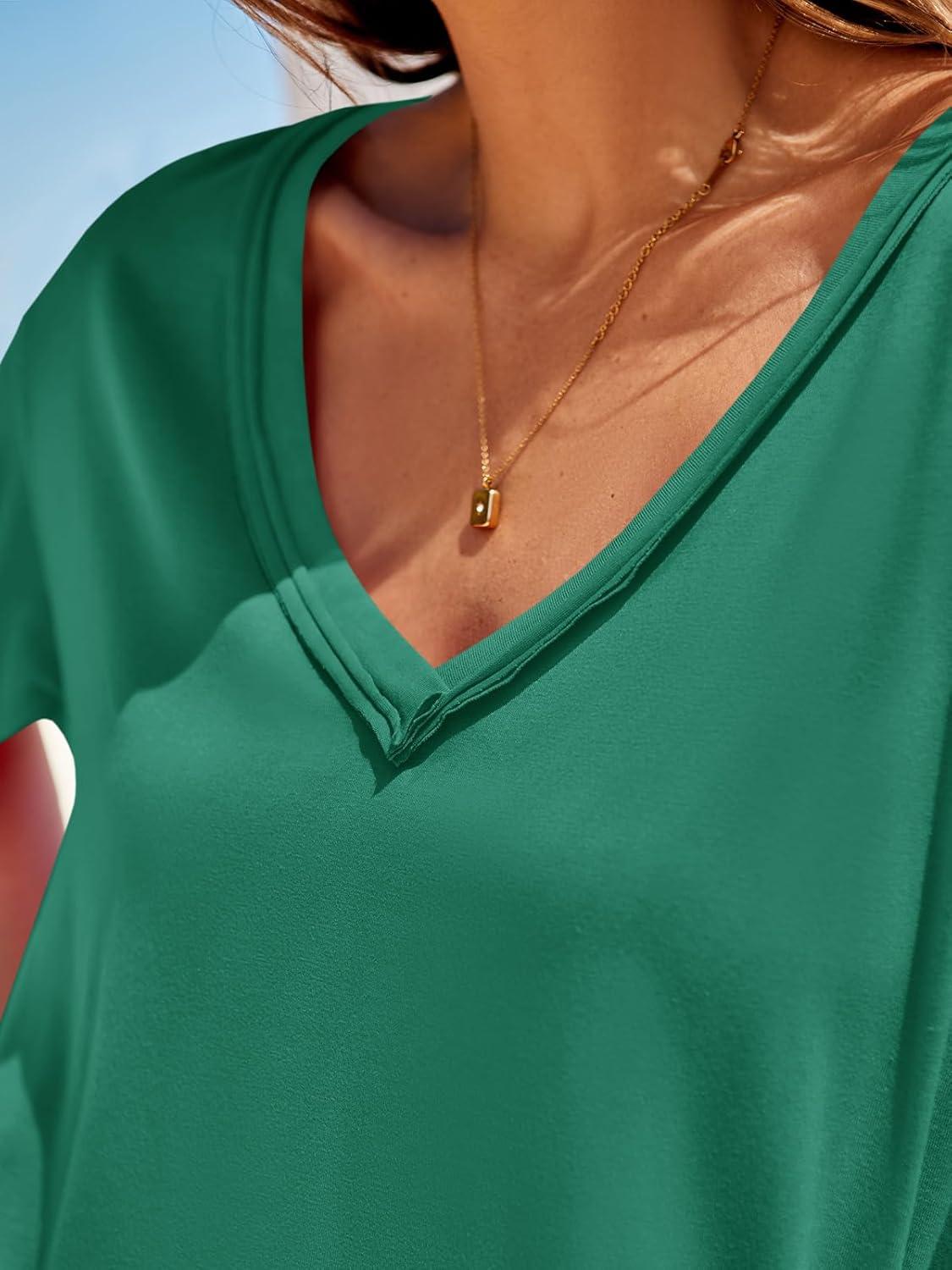 imageTankaneo Womens Oversized Tshirts Deep V Neck Short Sleeve Tops Summer Casual Loose Fit Tunic Tee ShirtGreen