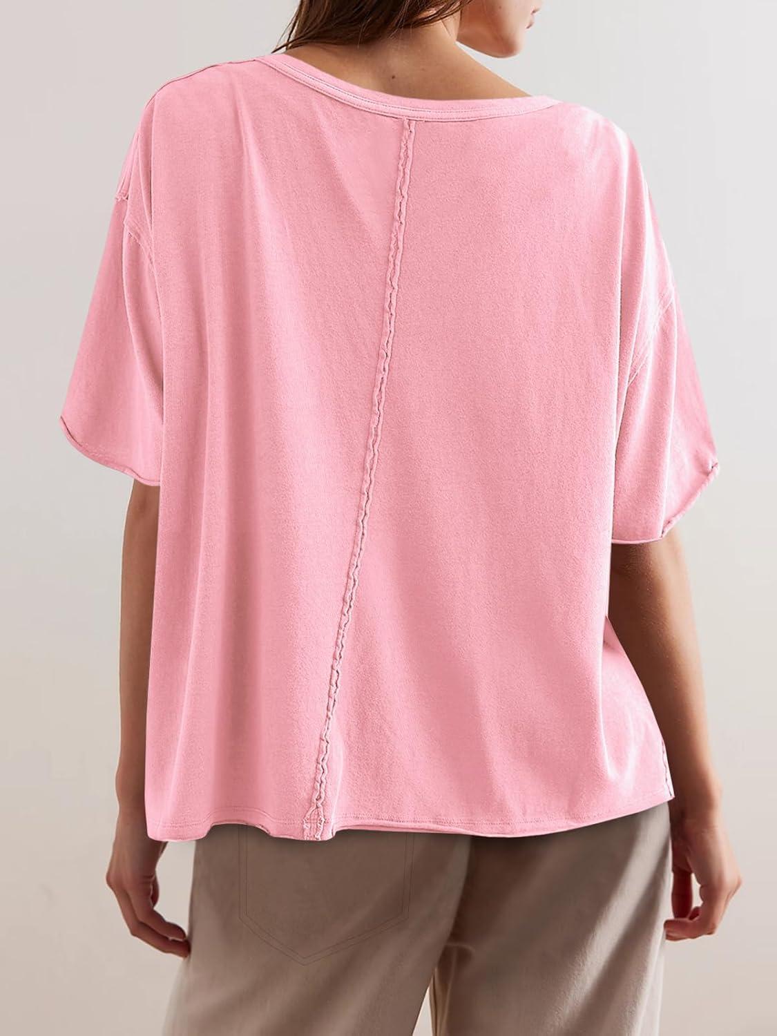 imageTankaneo Womens Oversized Tshirts Deep V Neck Short Sleeve Tops Summer Casual Loose Fit Tunic Tee ShirtLight Pink