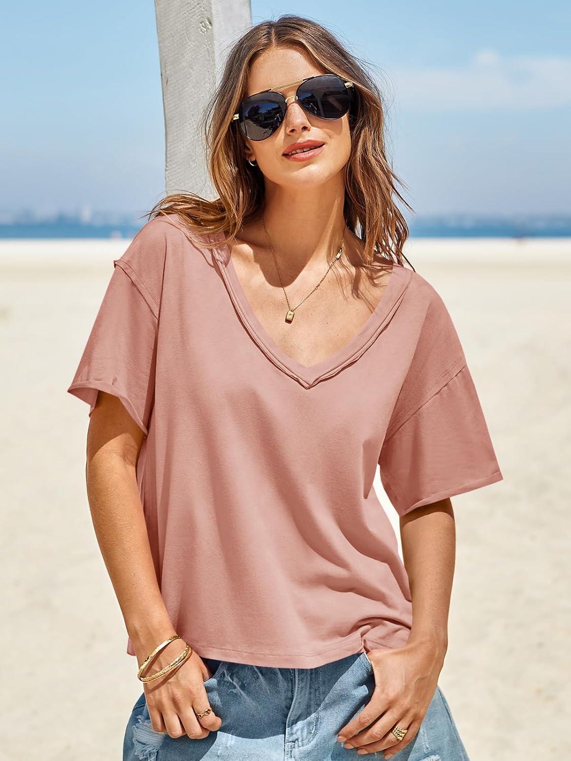 imageTankaneo Womens Oversized Tshirts Deep V Neck Short Sleeve Tops Summer Casual Loose Fit Tunic Tee ShirtOrange
