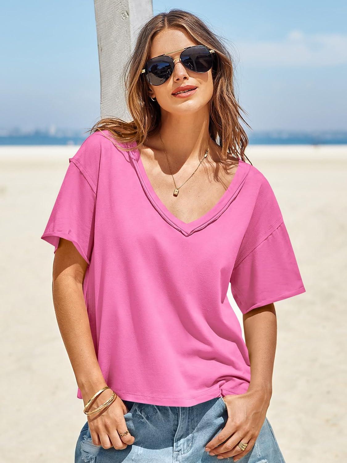imageTankaneo Womens Oversized Tshirts Deep V Neck Short Sleeve Tops Summer Casual Loose Fit Tunic Tee ShirtPink