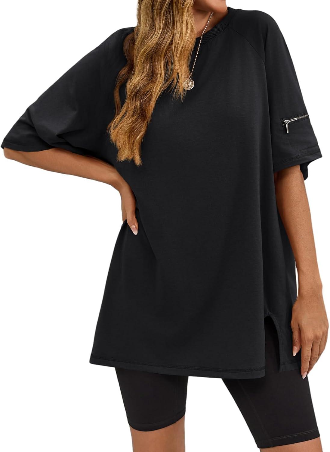 imageTankaneo Womens Oversized Workout Tshirts Split Hem Raglan Short Sleeve Tops Summer Casual Loose Fit Tee ShirtBlack