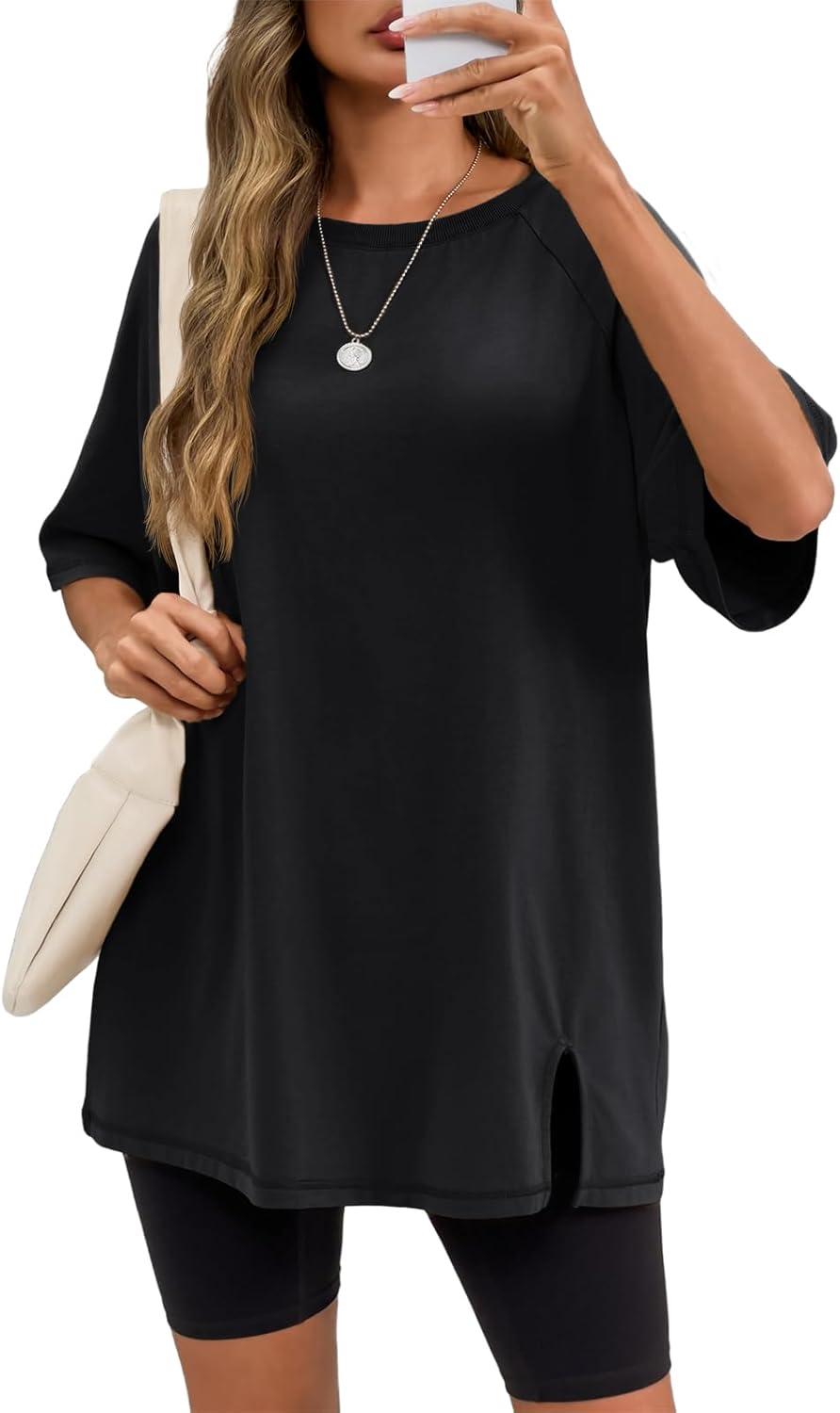 imageTankaneo Womens Oversized Workout Tshirts Split Hem Raglan Short Sleeve Tops Summer Casual Loose Fit Tee ShirtBlack