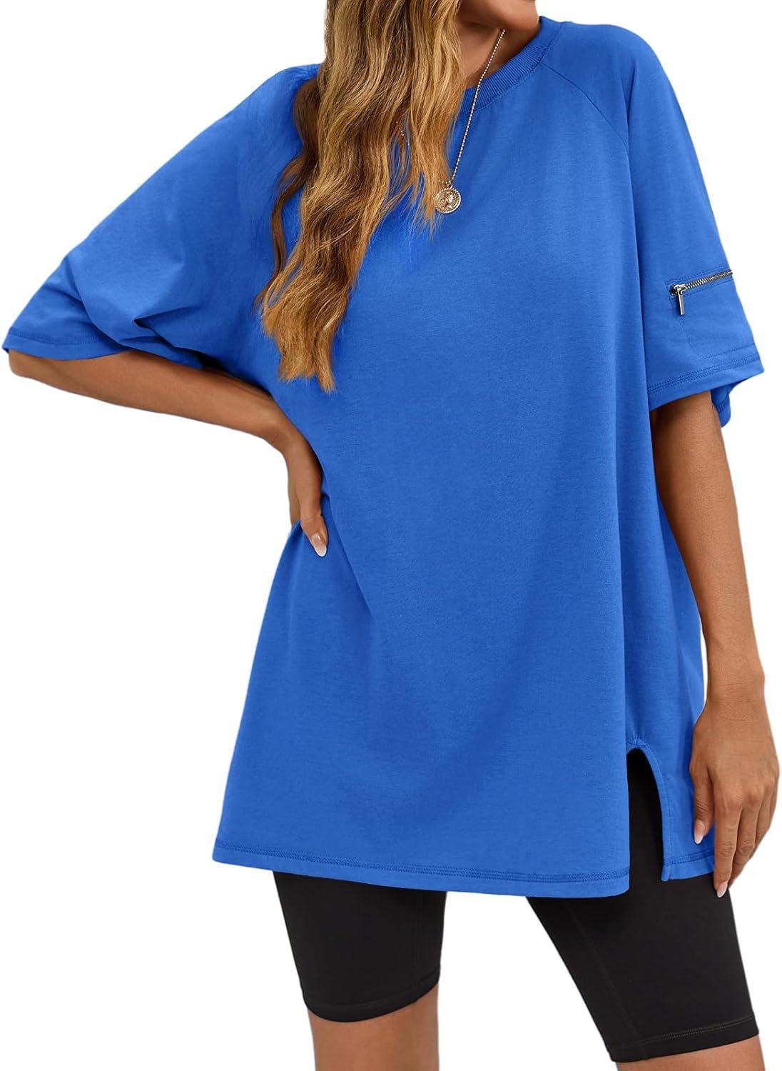imageTankaneo Womens Oversized Workout Tshirts Split Hem Raglan Short Sleeve Tops Summer Casual Loose Fit Tee ShirtBlue