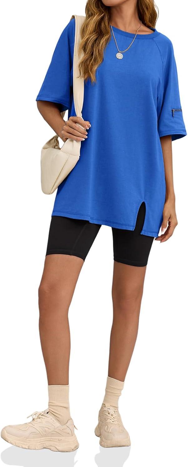imageTankaneo Womens Oversized Workout Tshirts Split Hem Raglan Short Sleeve Tops Summer Casual Loose Fit Tee ShirtBlue