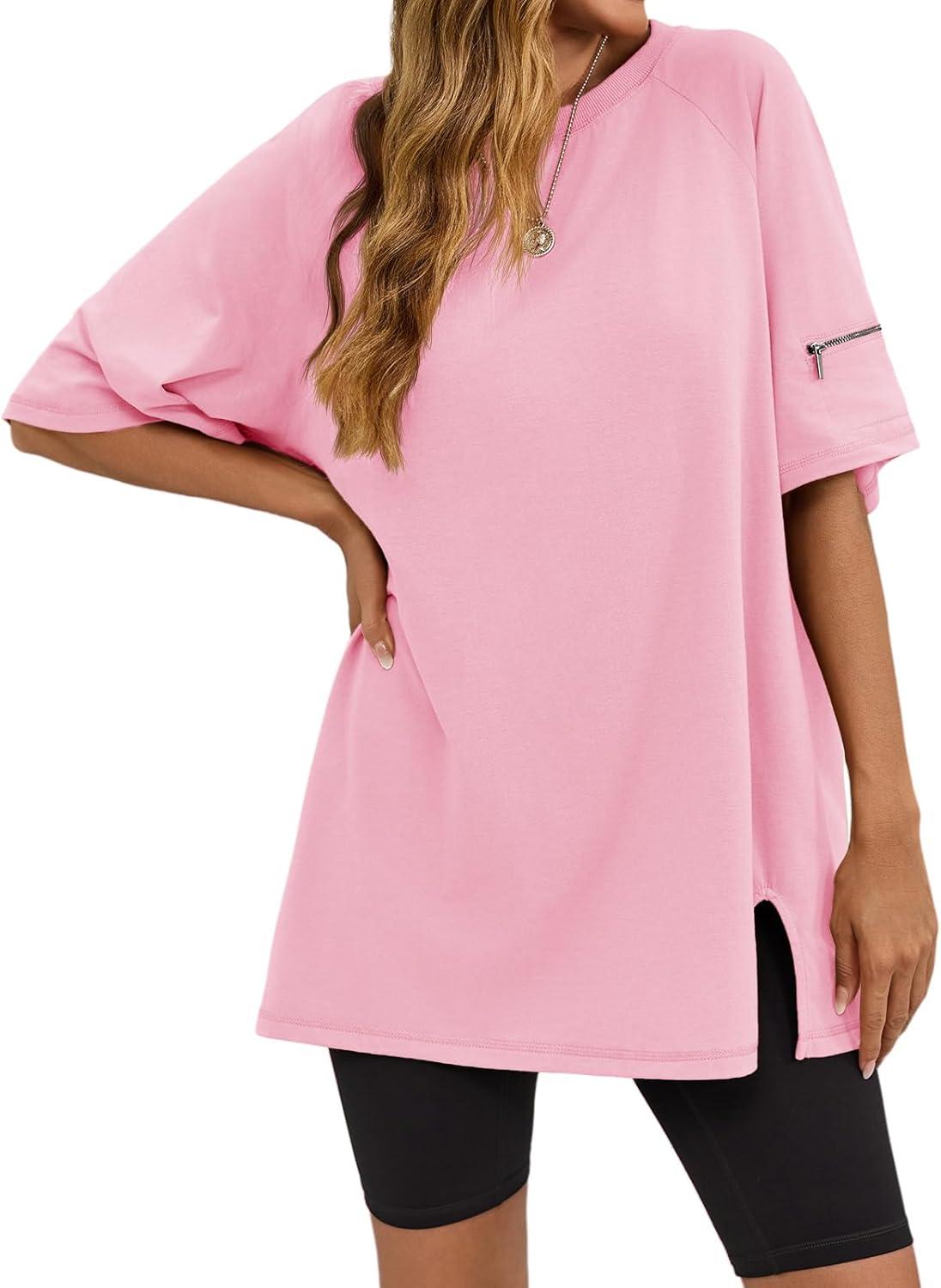 imageTankaneo Womens Oversized Workout Tshirts Split Hem Raglan Short Sleeve Tops Summer Casual Loose Fit Tee ShirtLight Pink
