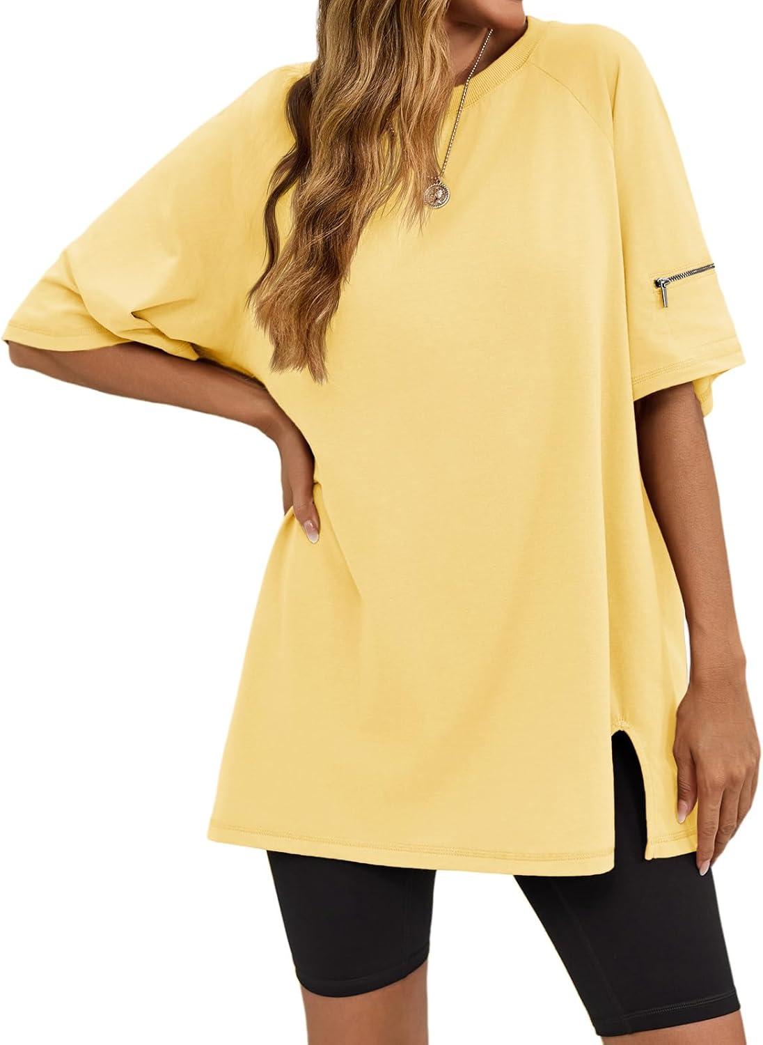 imageTankaneo Womens Oversized Workout Tshirts Split Hem Raglan Short Sleeve Tops Summer Casual Loose Fit Tee ShirtLight Yellow