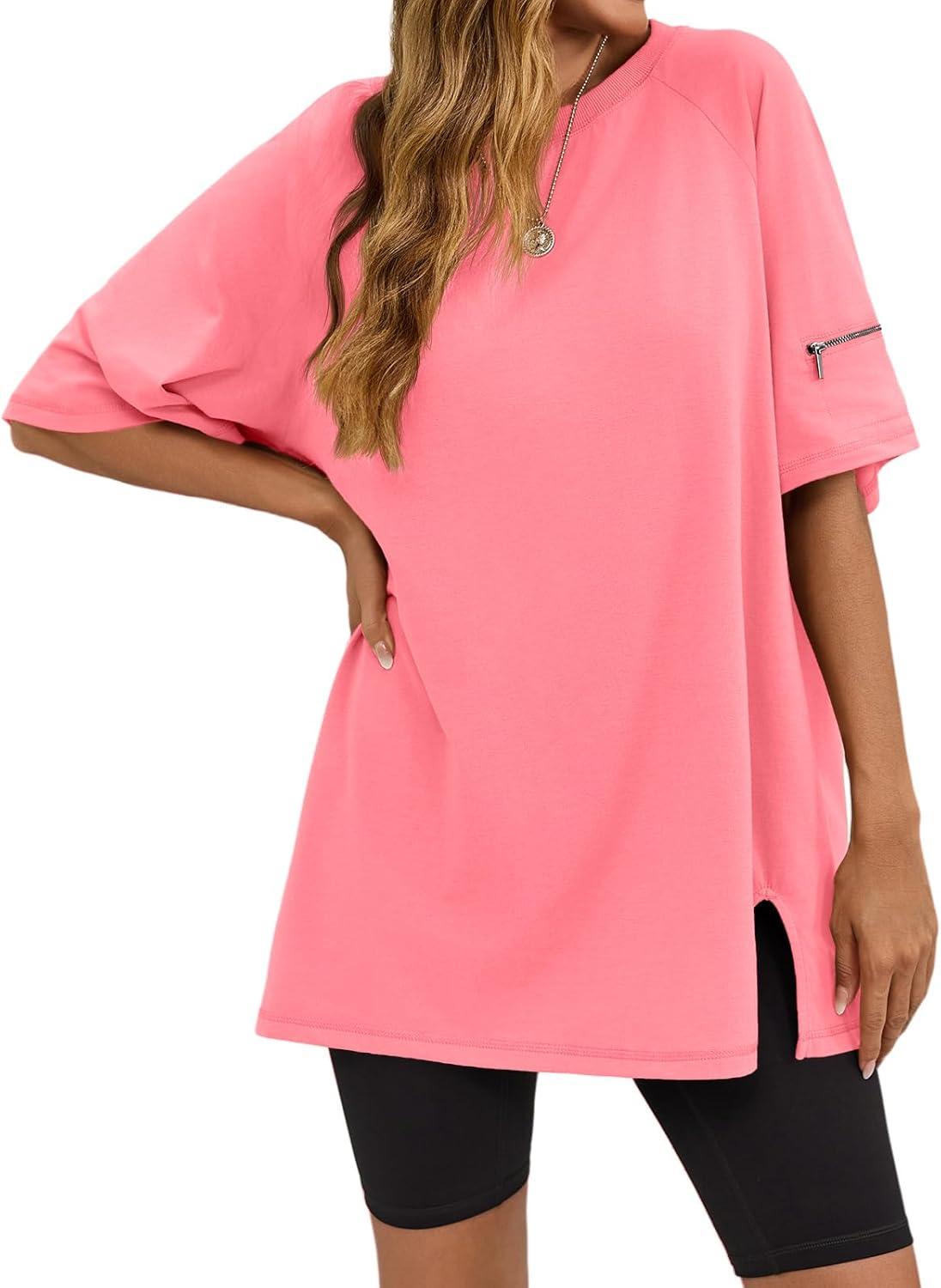 imageTankaneo Womens Oversized Workout Tshirts Split Hem Raglan Short Sleeve Tops Summer Casual Loose Fit Tee ShirtPink