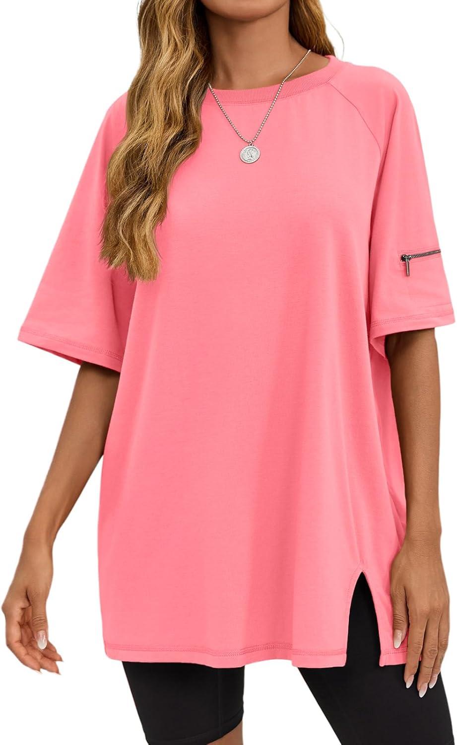 imageTankaneo Womens Oversized Workout Tshirts Split Hem Raglan Short Sleeve Tops Summer Casual Loose Fit Tee ShirtPink