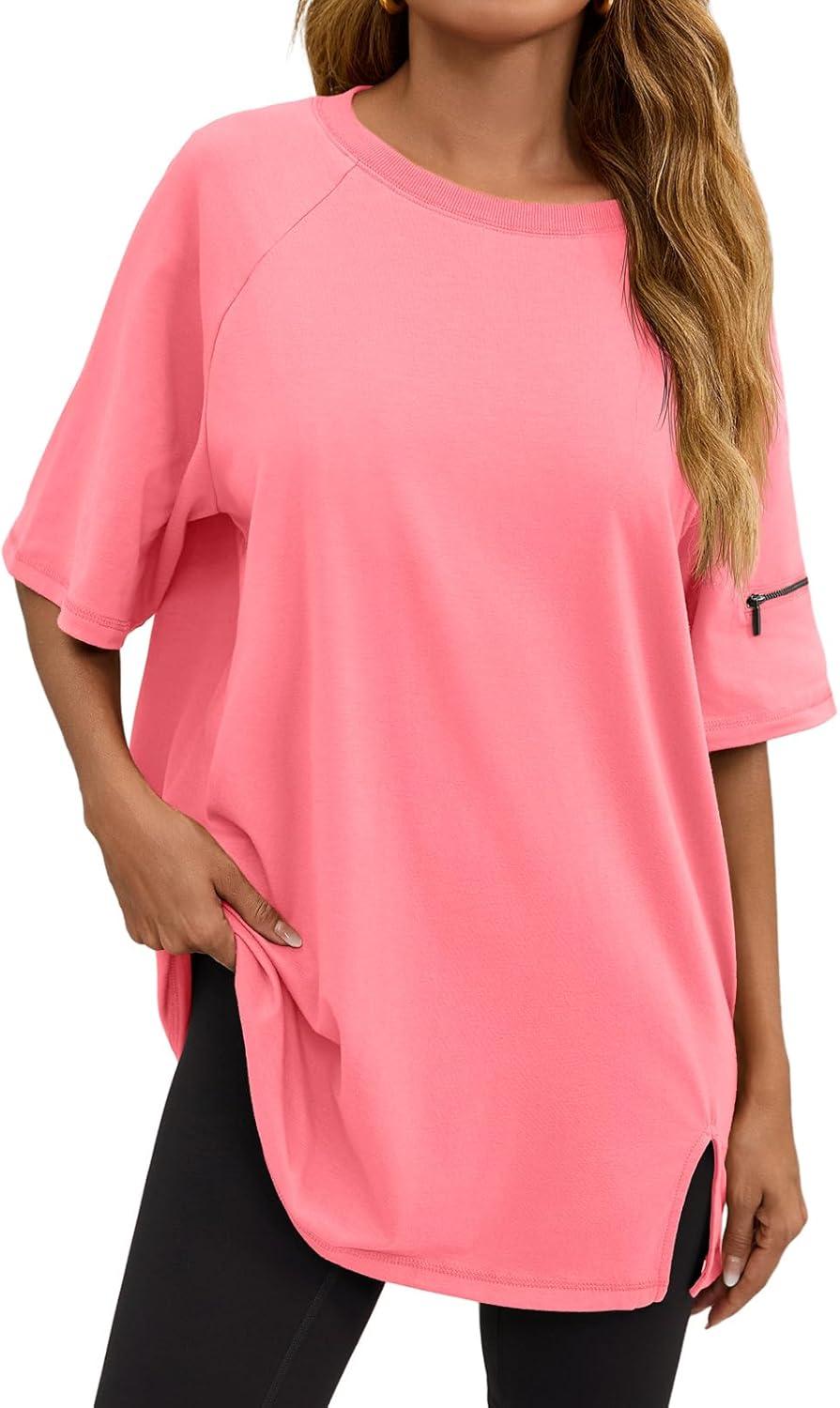 imageTankaneo Womens Oversized Workout Tshirts Split Hem Raglan Short Sleeve Tops Summer Casual Loose Fit Tee ShirtPink