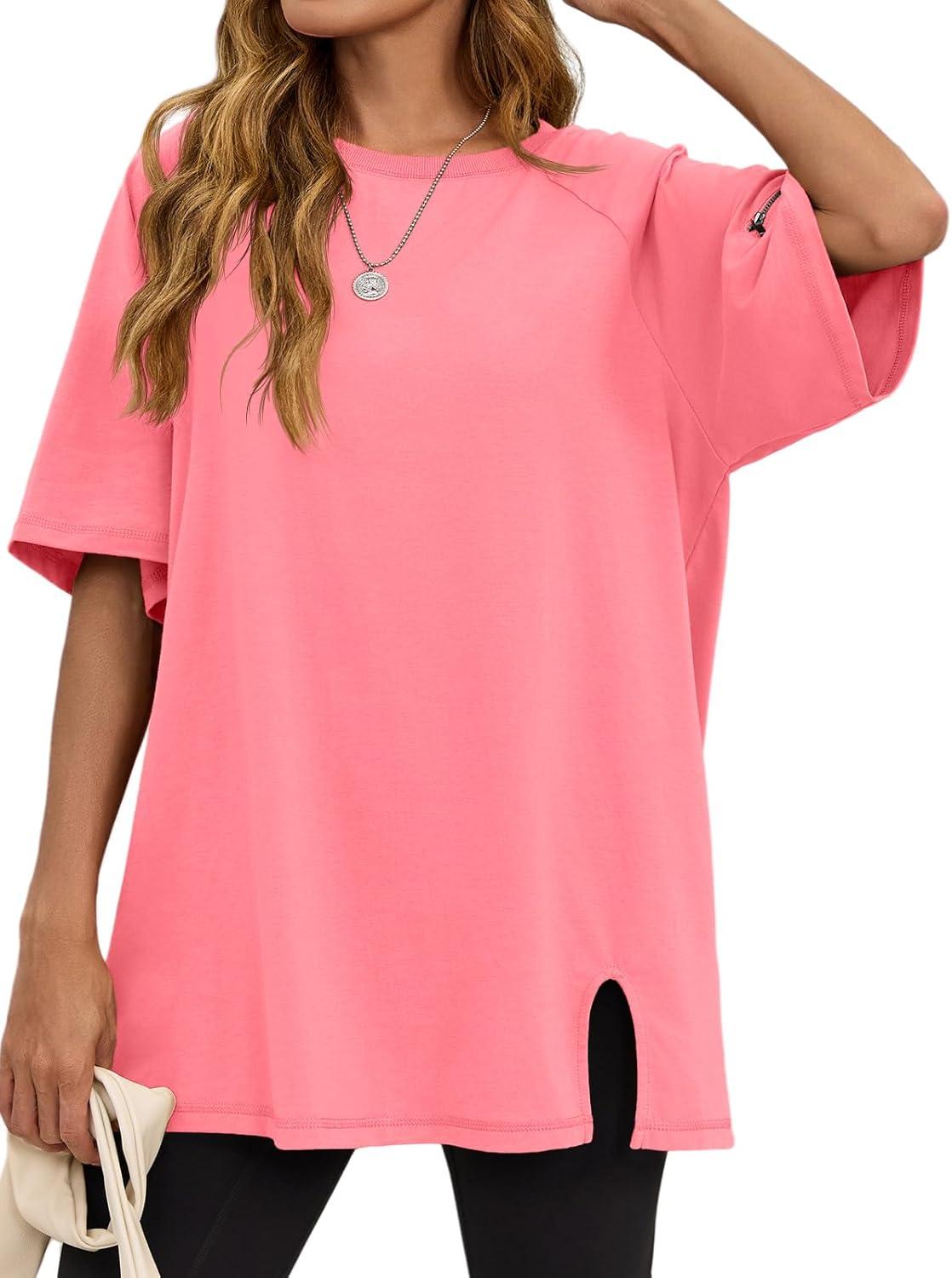 imageTankaneo Womens Oversized Workout Tshirts Split Hem Raglan Short Sleeve Tops Summer Casual Loose Fit Tee ShirtPink