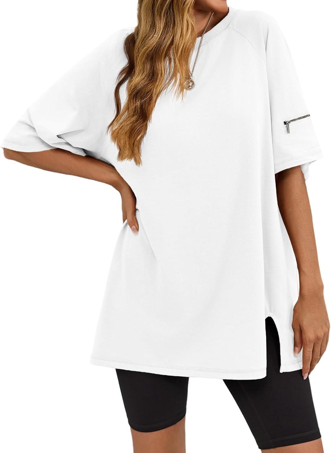 imageTankaneo Womens Oversized Workout Tshirts Split Hem Raglan Short Sleeve Tops Summer Casual Loose Fit Tee ShirtWhite